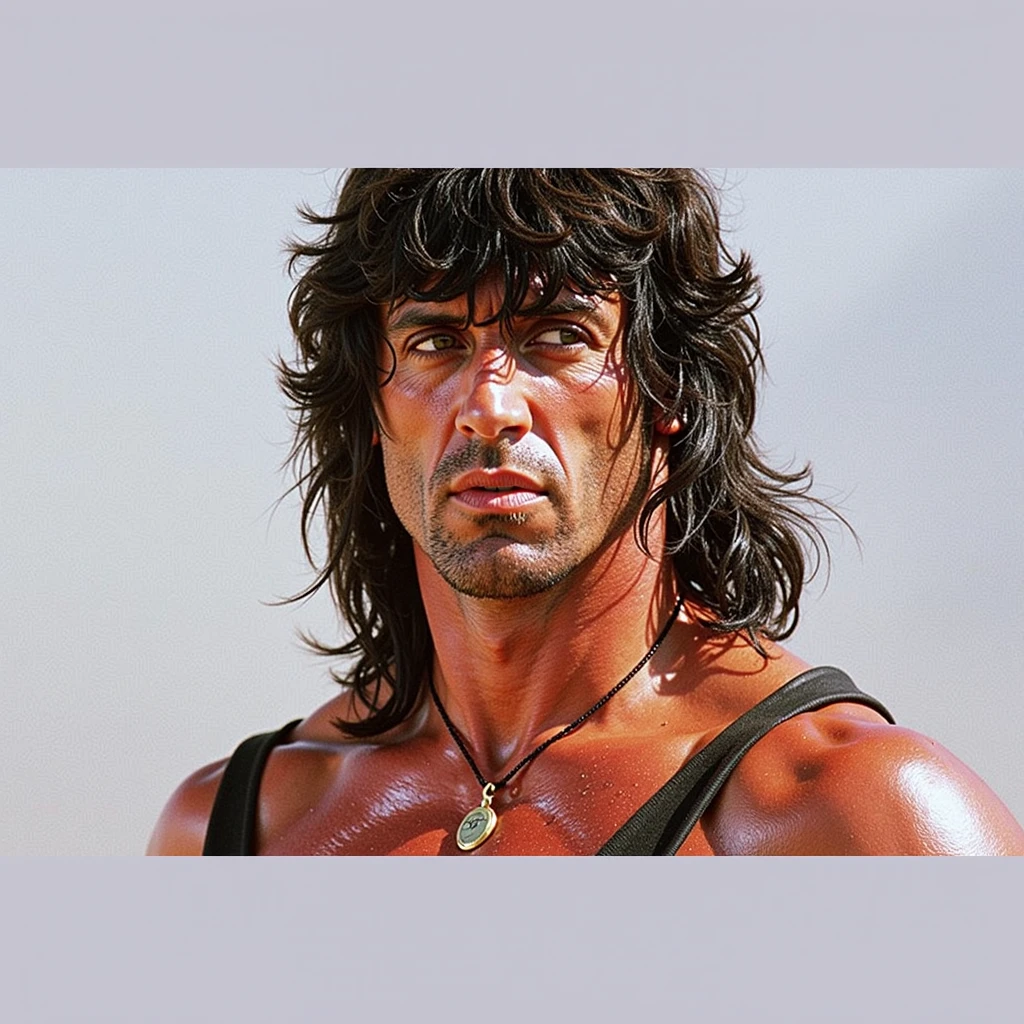 Rambo with very long brown hair below the waist