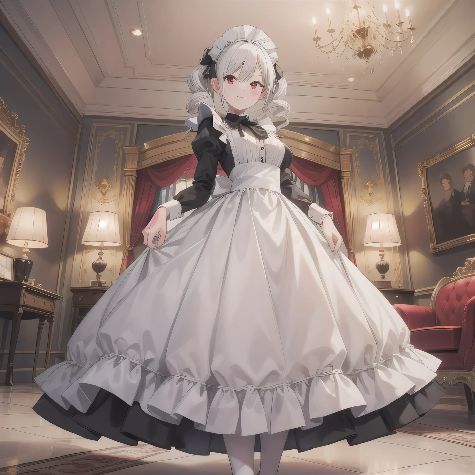 A breathtakingly beautiful 20-year-old woman stands in an opulent mansion room, dressed in a classic black-and-white maid outfit with a short hem and a white brim cap. Her confident smile radiates warmth. The room features elegant furnishings and decor befitting a grand estate, bathed in soft, natural lighting that enhances the sophisticated ambiance.(Drill Hair: 1.5), White Hair, Long Hair, Pale Skin, (Red Eyes: 1.5), Twin Drills.