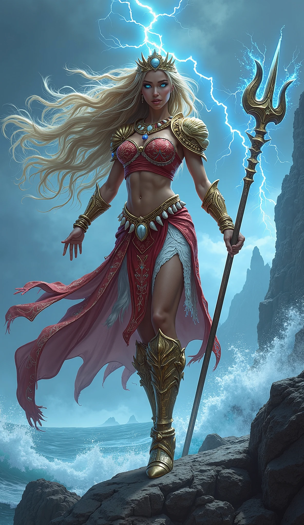 rpg style, digital painting art style, concept art style, full-body, fantasy, standing on a rock, sea elf female, tall and slender, athletic figure, muscled build, long limbs, long arms, long legs, muscled arms, visible six-pack, visible biceps, toned, big muscles, beefy, ripped, white long wavy hair, yellow eyes, shark like teeth, sharp teeth, neck gills like fish, webbed fingers, webbing between fingers, sharp fingernails, fin like pointed ears, turquoise blue skin, gladiator armor, holding trident in one hand, holding gladiator fishing long net in the other hand, scale like armor, seashell spaulder,, seashell pauldron, seashell shoulder armor, coral diadem, cleric, sea background, ocean wave splash background