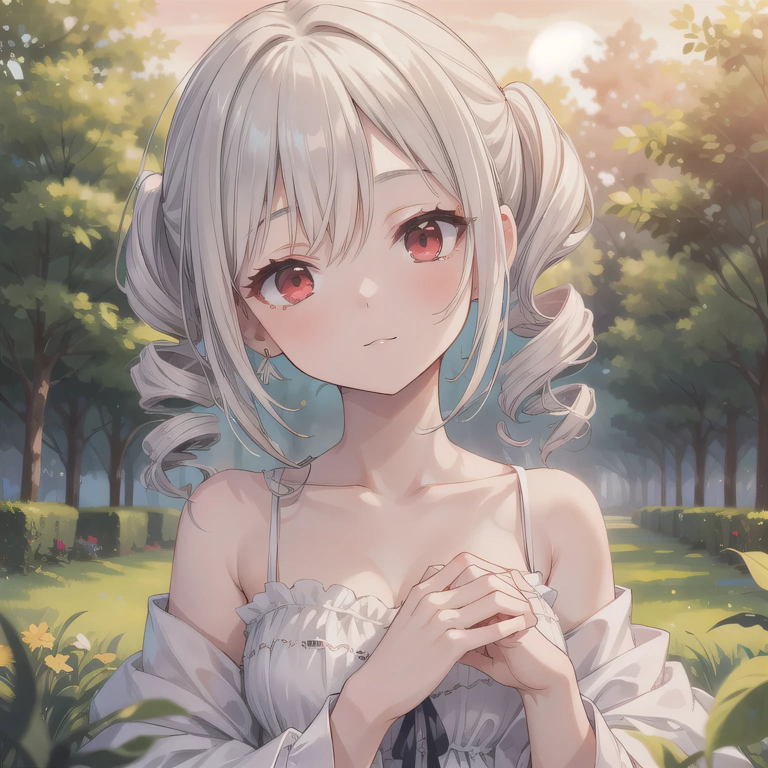 A breathtakingly beautiful 20-year-old woman stands in a lush green park at sunset, bathed in the warm golden light of the evening sun. Facing forward, her eyes gently closed, cheeks slightly flushed, and her face tilted upward as if anticipating a kiss, she embodies serenity and romance. The soft hues of the sunset complement the tranquil surroundings, enriching the dreamy atmosphere.(Drill Hair: 1.5), White Hair, Long Hair, Pale Skin, (Red Eyes: 1.5), Twin Drills.