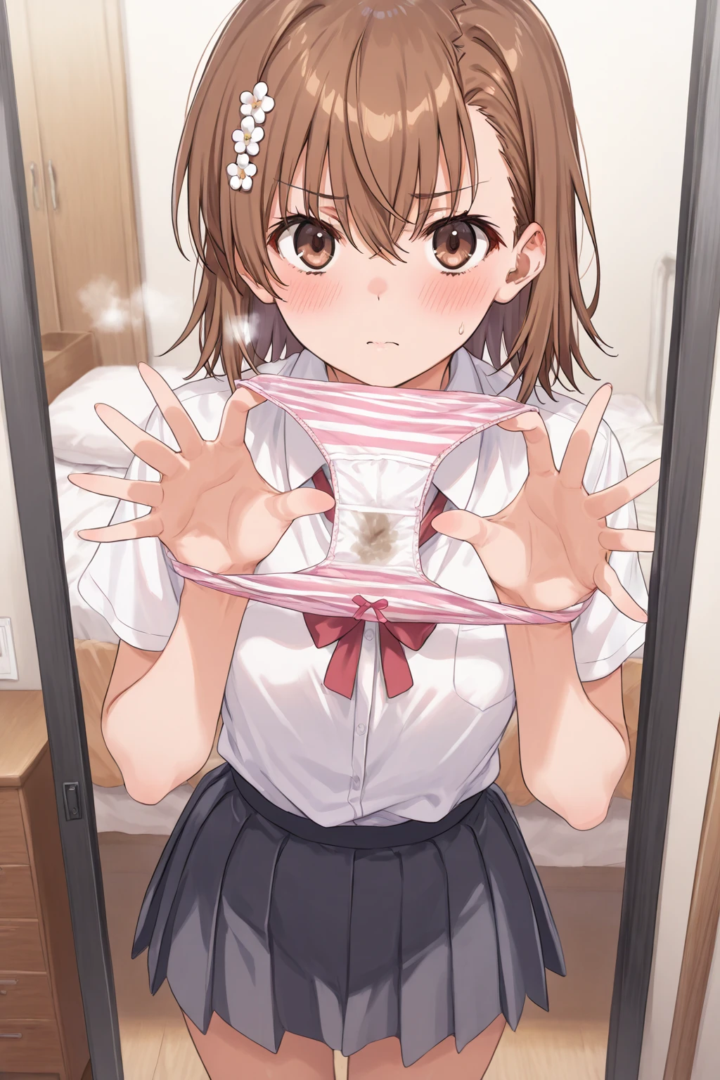 1 girl, alone, Best quality overall, masterpiece, High resolution, alone, (storm_Fleet Collection), length_hair, red_hair, One_~ ~ side_Excellent, Ahoge, Purple_eye, red面, light smile, slender girl, whole body, (((pink underwear))), light smile, 細かくて澄んだeye, ),(elaborately designed panties),((NSFW)),lingerie
