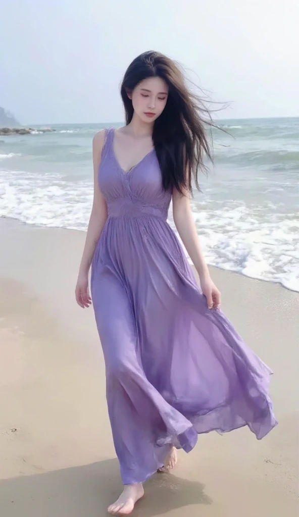 One woman in her 40s、Light purple dress、Beautiful sandy beach、Medium-long hair with clearly visible brown hair、Hair blowing in the wind、 and buttockrge、The chest is slightly open、Small diamond necklace、A kind smile