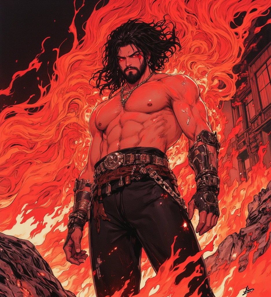 (masterpiece:1.2, best quality:1.2, extremely delicate:1.2), a middle-aged man, wild disheveled long hair streaked in red and black, a rugged and imposing face, a lightning-shaped tattoo on the left side of his face, sharp eyes, a confident smile, a tall and muscular build, a fantasy martial arts-style short-sleeved coat, form-fitting scale armor underneath, a black fur shawl drapes over his shoulders, wrist guards, matching canvas trousers, stands majestically on shattered ground, surrounded by floating debris, this character embodies a finely crafted fantasy martial arts-style overlord in anime style, exquisite and mature manga art style, dramatic, high definition, highres, ultra-detailed, ultra-fine painting, professional, perfect body proportions, golden ratio, anatomically correct, symmetrical face, extremely detailed eyes and face, high quality eyes, creativity, RAW photo, UHD, 32k, Natural light, cinematic lighting, (masterpiece-anatomy-perfect:1.2)
