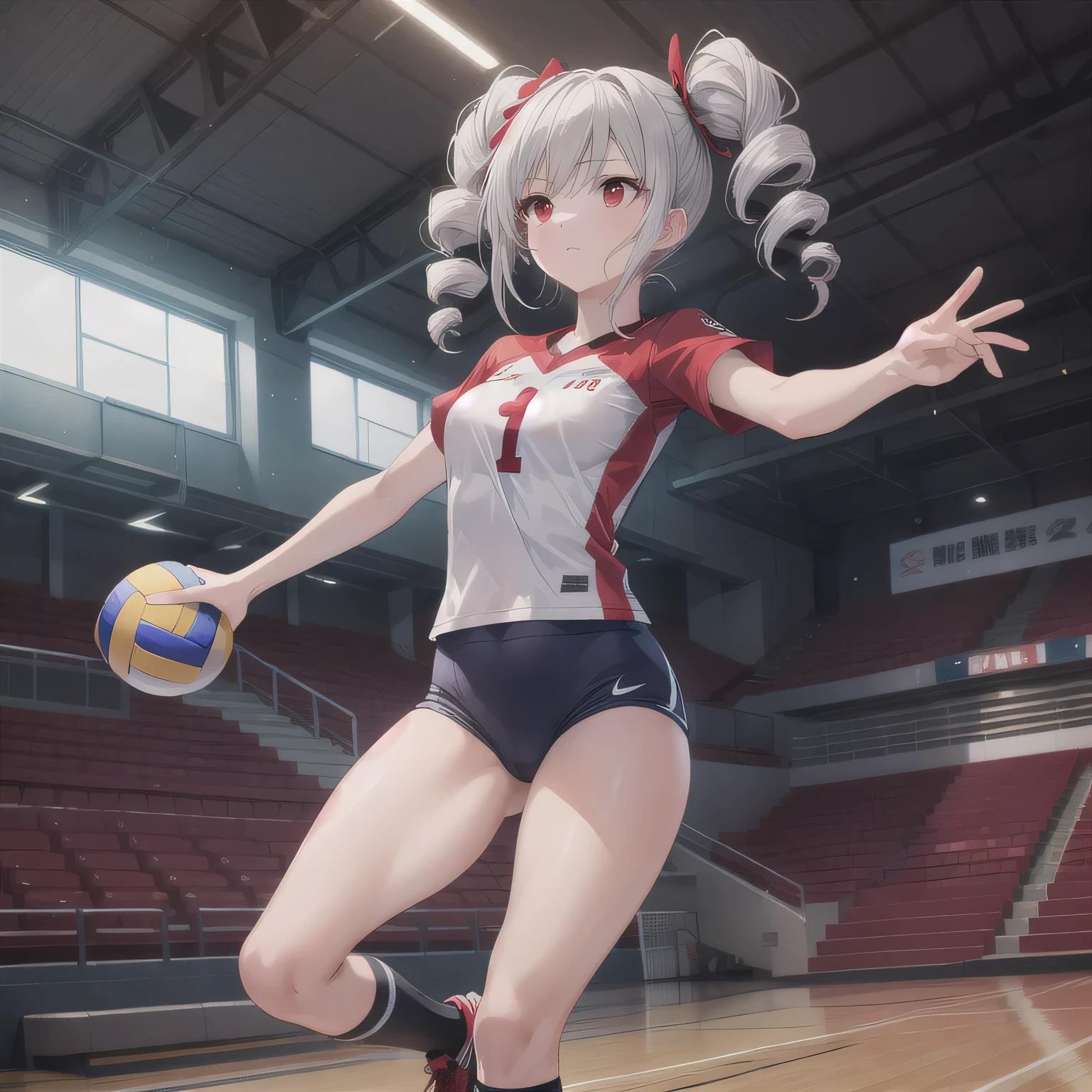 A breathtakingly beautiful 20-year-old woman soars into the air on a volleyball court inside a brightly lit gymnasium, preparing to spike the ball with precision and power. Her athletic form is accentuated by a sleek, form-fitting uniform, and her intense gaze remains locked onto the target. The polished wooden floor reflects the motion, enhancing the dynamic energy of the moment as she displays her skill and determination.(Drill Hair: 1.5), White Hair, Long Hair, Pale Skin, (Red Eyes: 1.5), Twin Drills.