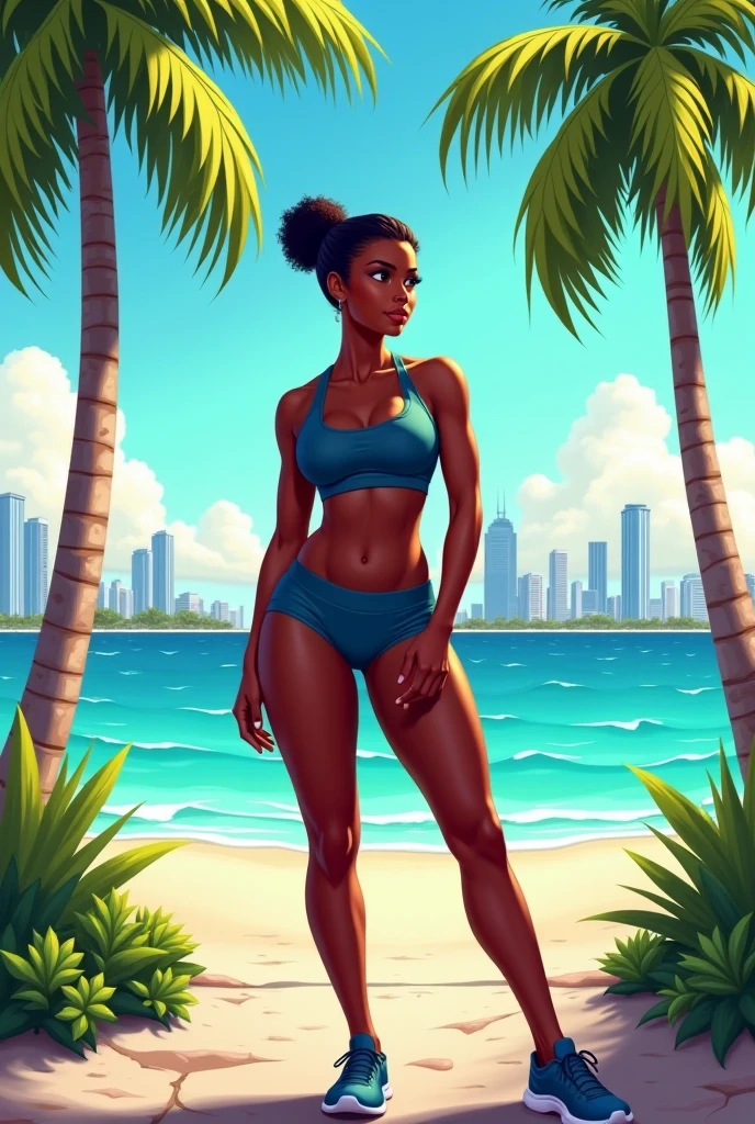 Yemoja Smite, 1girl, solo, long hair, ((Yoga Pants, Sports Bra, Nike Basketball shoes, snapback cap)), jewelry, earrings, sky, dark skin,  necklace, bracelet, dark-skinned female, tree, sun, day sky, ((very dark skin)), dreadlocks, blue eyes, tear drop earrings,  African woman, (mature female),
large breasts, thick hips, thick thighs,
(african beach, Coastal, African beach town),
(masterpiece, best quality), <lora:YemojaSmite-000007:0.8>