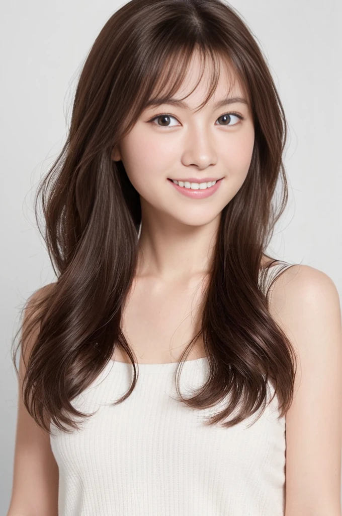 (A photo of your face:1.25), 6 years old, (Baby Face), (Round face), One Japanese woman, beautiful girl, Pretty face, (View your viewers), (Standing facing the camera), (smile), (Beige tank top)、(Pure white background:1.2)、Mouth closed