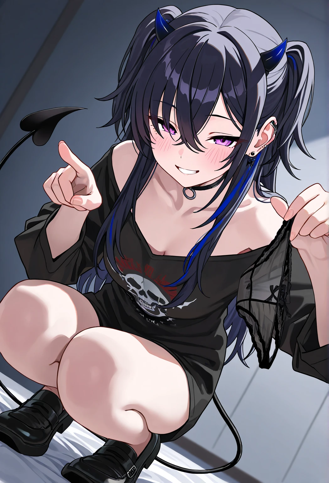 (hentai:1.1), (Ideal:1.1), (perfect:1.1), (flawless:1.1), (highest quality:1.2), (best quality:1.2), 1girl, (dark goth:1.1), punk girl, goth clothes, dark girl, dark makeup, (evil smirk:1.2), (scary smirk:1.2), lewd pose, detailed body, sexy thighs, big things, small breasts, short hair, highly detailed eyes, highest quality eyes, 4K, highest quality resolution, best quality resolution, best quality upscale,