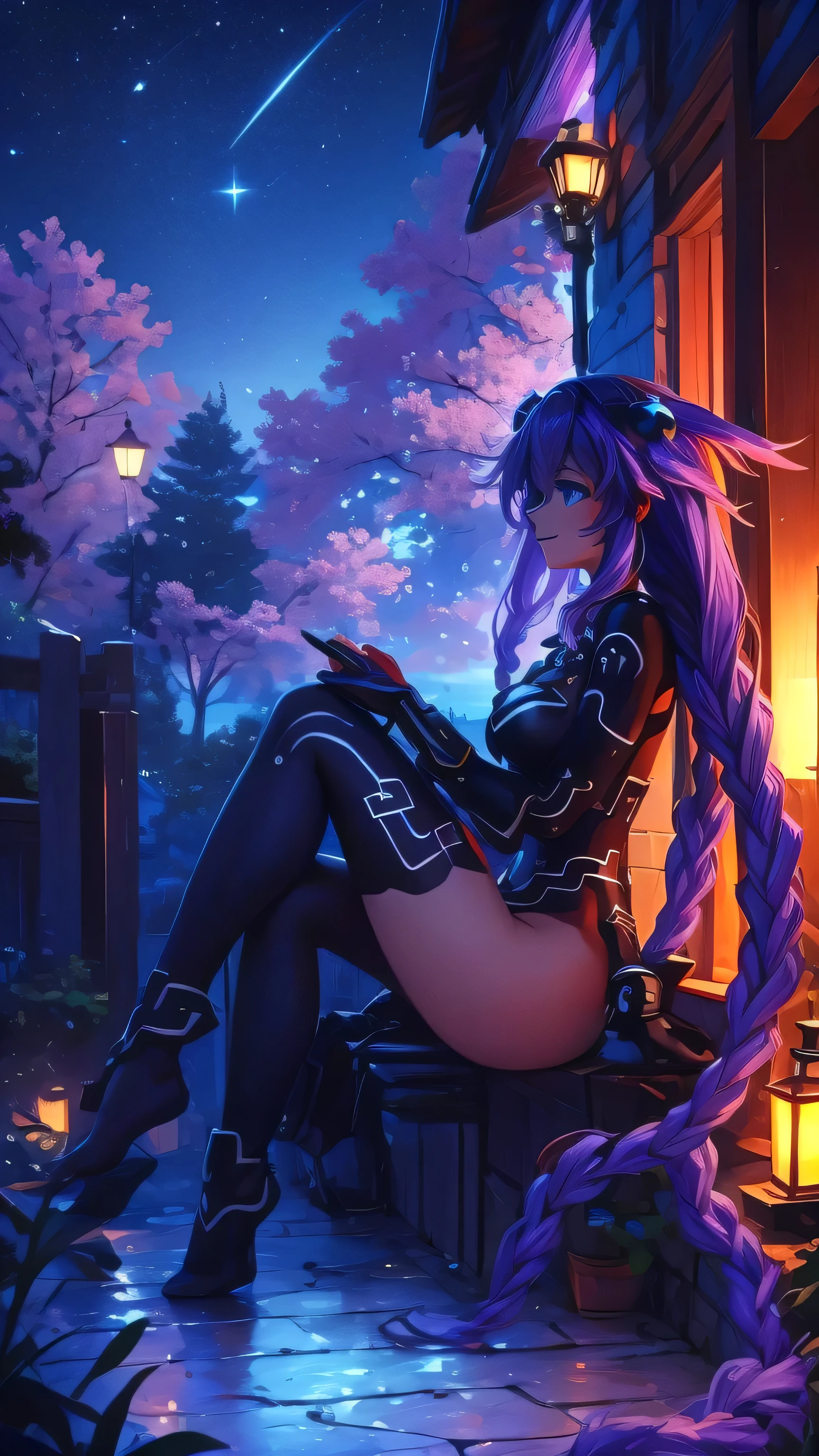 Neptunia sitting at night under a starry sky, high resolution, masterpiece, Anatómicamente correcto,no watermark, The feet are hanging from the balcony