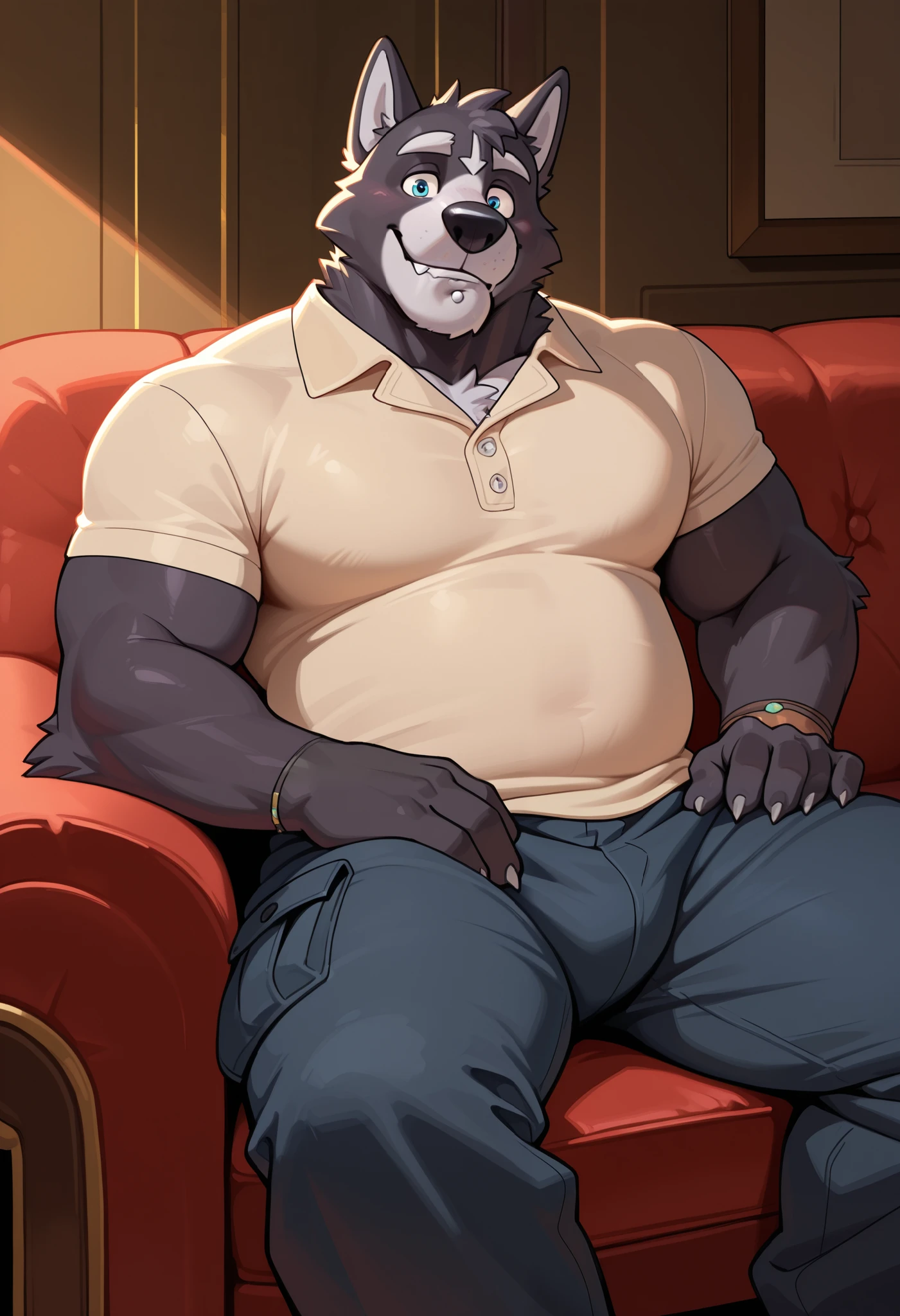 masterpiece, best quality, amazing quality, 1boy, solo, Amicus, bara, lip piercing, close up, wearing beige collared polo shirt, cargo pants, sitting on couch, looking at viewer, soft smile