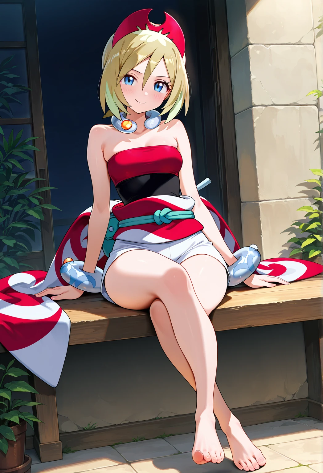 pokemonirida, pokemonirida, blonde hair, blue eyes, hair between eyes, medium hair, (small breasts:1.2),
BREAK bracelet, hat, jewelry, neck ring, red headwear, red shirt, sash, shirt, shorts, strapless, strapless shirt, waist cape, white shorts,
BREAK looking at viewer, (full body:1.2),
BREAK outdoors, city, sky,
BREAK (masterpiece:1.2), best quality, high resolution, unity 8k wallpaper, (illustration:0.8), (beautiful detailed eyes:1.6), extremely detailed face, perfect lighting, extremely detailed CG, (perfect hands, perfect anatomy),