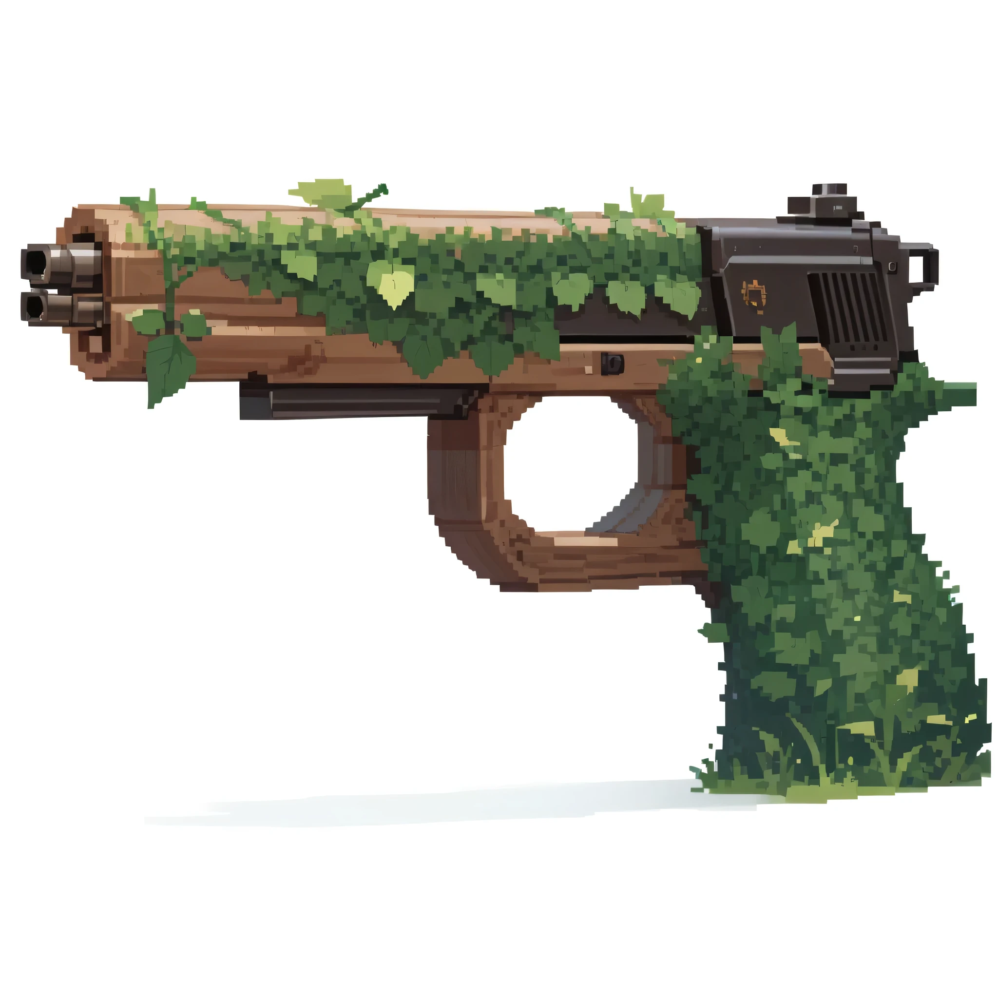 wooden gun coated with grass and leaves and vines