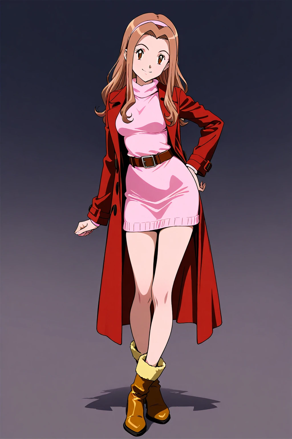 Create an anime style illustration of a young woman in three quarter pose. Shoulder length wavy hair, light brown with blonde highlights, shojo style. Large, expressive eyes with sparkle, hazel iris. Tight red dress, long sleeve, High neckline, side cut at waist, longitude midi. Black high heel shoes with intricate strap design. dynamic pose, turned slightly towards the viewer, warm and charismatic smile. bottom: minimalist building entrance with glass doors and green carpet. Soft lighting from the front left. Vibrant color palette with emphasis on crimson red. Clean and defined line style, cel shading with subtle gradients. Classic anime proportions with slight stylization in eyes and figure. Include fine details such as hair texture, folds of the dress and sparkles in the eyes. Elegant and contemporary overall atmosphere.

