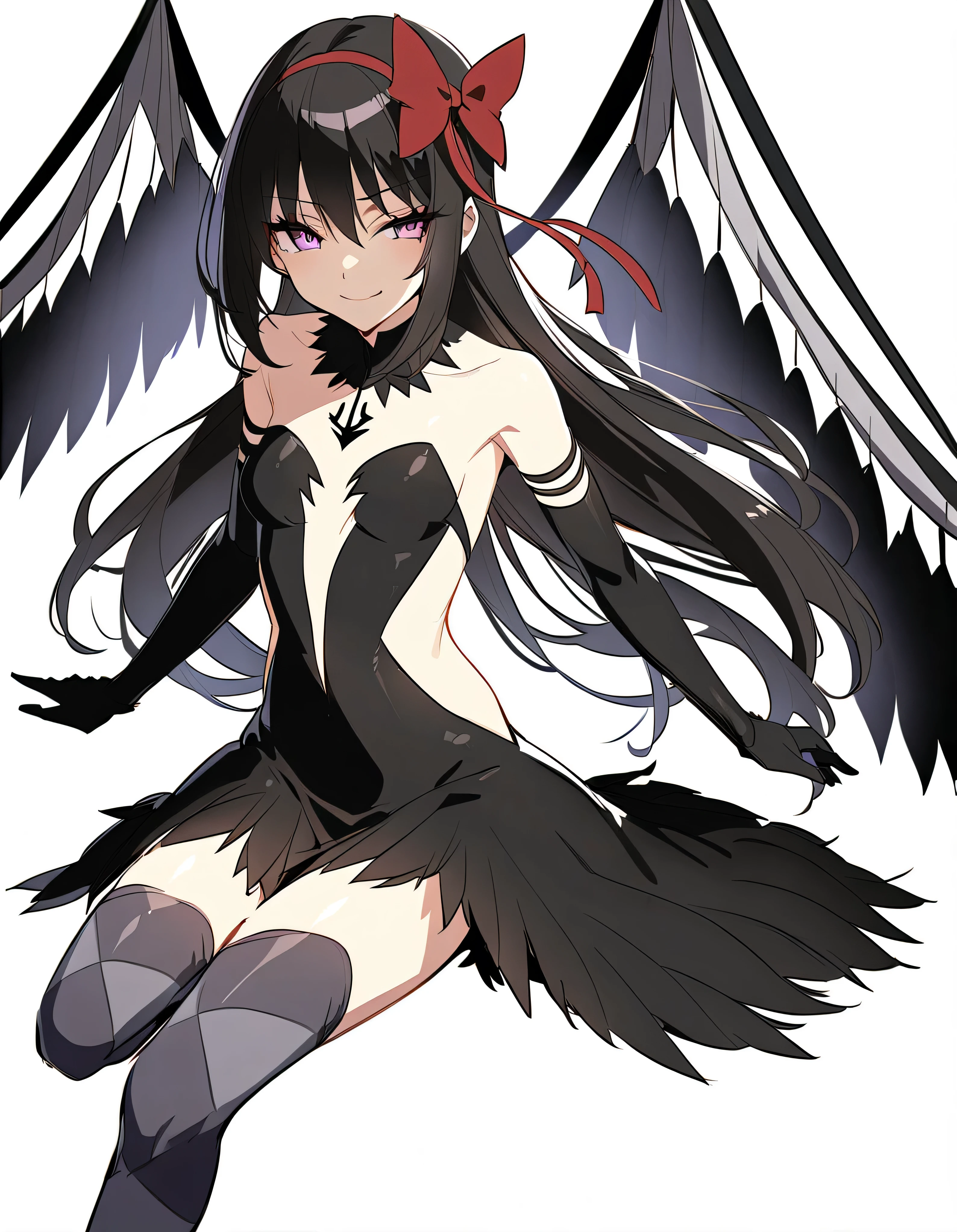 A woman with large bird wings with black feathers for arms, digitigrate bird legs (like those of a dog) and long, larger than the body itself. Her body are completely covered in black feathers, like a furry bird. Her exposed skin on her torso and face is plain white, as she gives a gentle smile. Soft anime style.