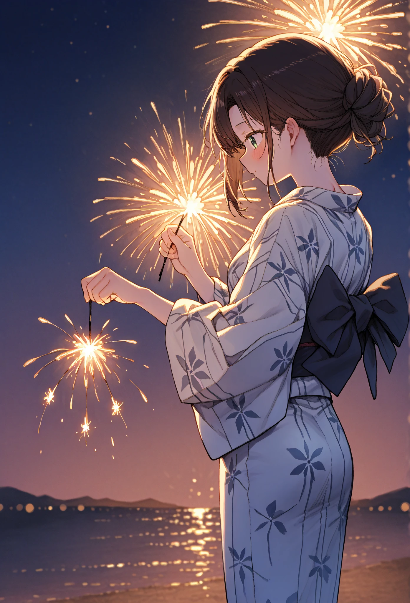 Fireworks、night、yukata、Back view