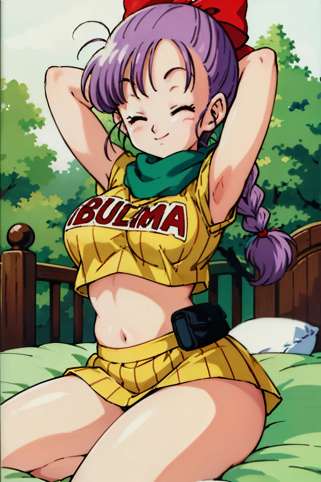 1990s\(   style\)、1990sアニメセル画  style、best quality、 nothing 、( big eyes:1.2)、1 girl、、 is embarrassing 、smile、( Big Breasts:1.2)、、masterpiece、 best quality、( 1 girl:1.4)、masterpiece、best quality、slender,Big Breasts,blmponytail sitting on a flatbed、 purple hair 、hair bow、braided ponytail、Yellow vertical striped dress,yellow shirt,yellow skirt, super mini skirt , Green scarf ,  brown gloves、  beautiful thighs,(Outdoors) strand,On the mattress,,belly button, underbob,white panties in full view to viewers, string panties, arms behind head, face waiting for kiss, closed eyes