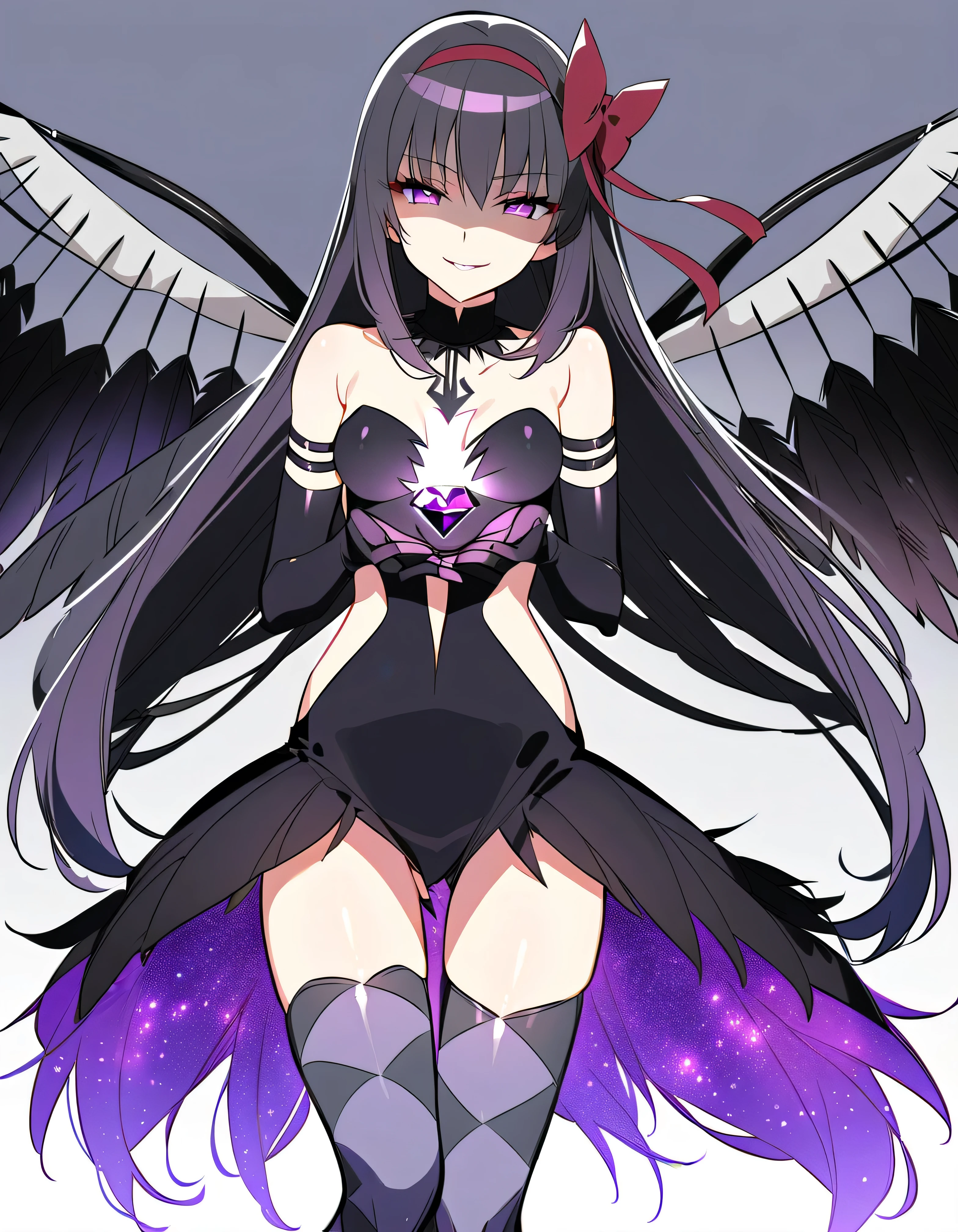 1girl, akuma homura, solo, long hair, wings, gloves, elbow gloves, black hair, smile, purple eyes, thighhighs, black gloves, argyle legwear, argyle, bare shoulders, looking at viewer, dress, soul gem, hair bow, bow, choker, feathered wings, white background, zettai ryouiki, simple background, black wings, masterpiece, best quality, late, evil smile,shaded face(eyes in shadow),shiny latex
