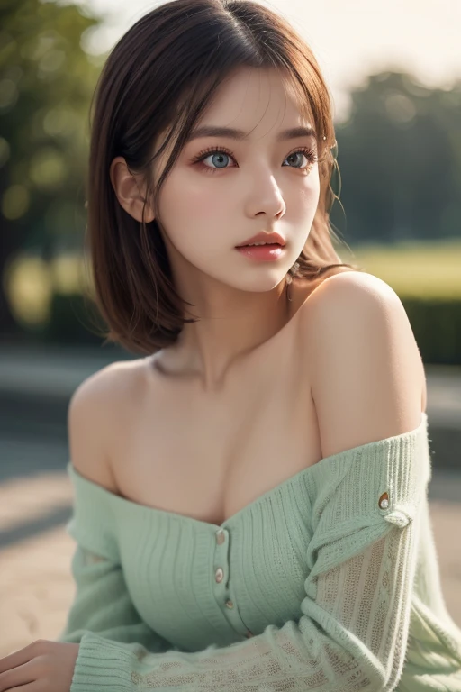 Best quality, masterpiece, ultra high res, (photorealistic: 1.4), raw photo, 1girl, off shoulder, cinematic lighting, kissing poses, heterochromia