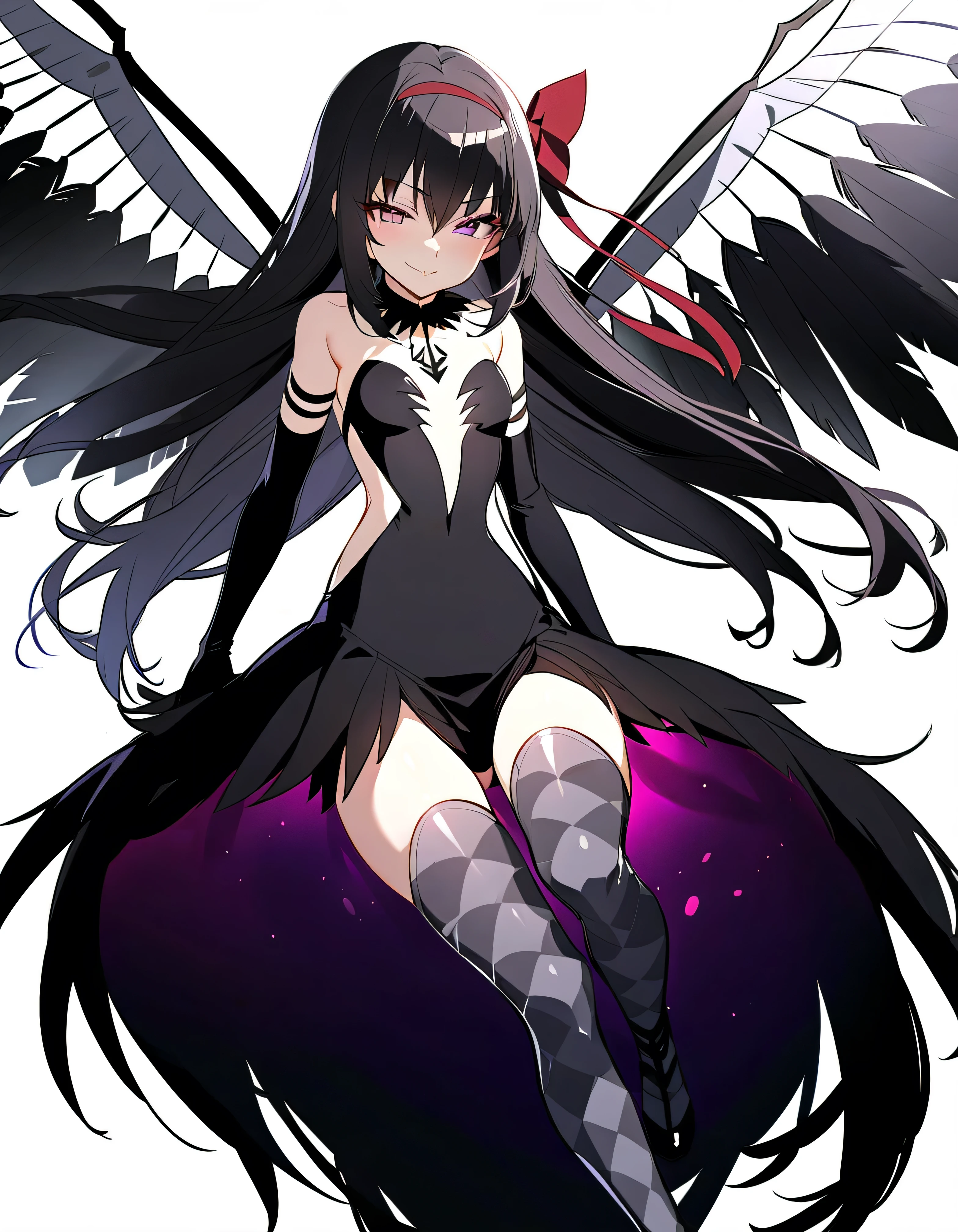 1girl, akuma homura, solo, long hair, wings, gloves, elbow gloves, black hair, smile, purple eyes, thighhighs, black gloves, argyle legwear, argyle, bare shoulders, looking at viewer, dress, soul gem, hair bow, bow, choker, feathered wings, white background, zettai ryouiki, simple background, black wings, masterpiece, best quality, late, evil smile,shaded face(eyes in shadow),shiny latex