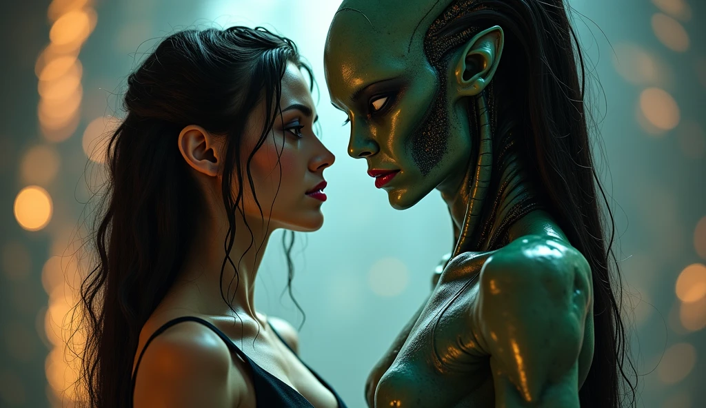 close-up, full length,absolutely 17 yeopian girl kisses the alien male humanoid from another plan, flirt,sexy, ultra higuality detailing