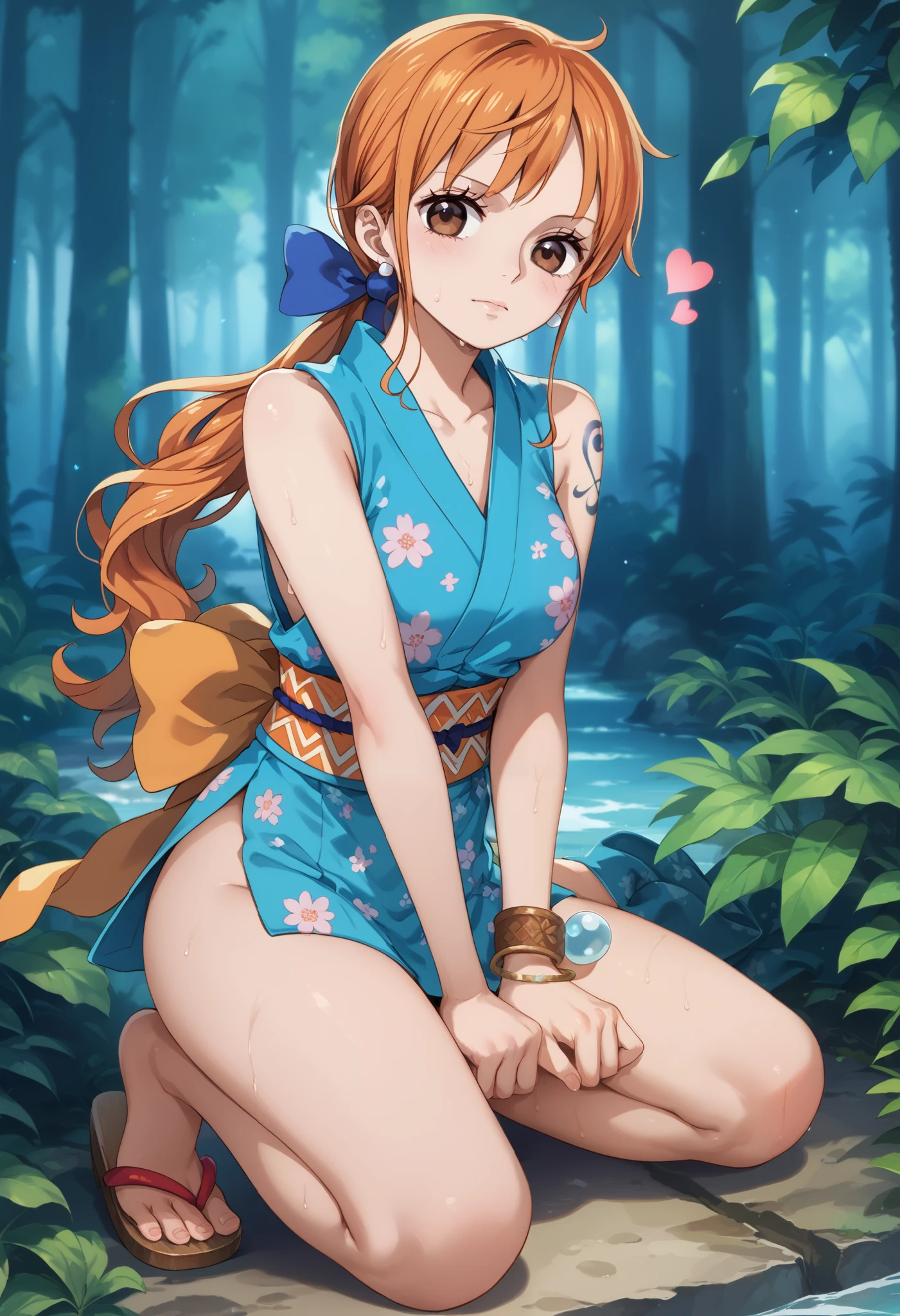 Anami's , long hair, orange hair, low ponytail, hair bow, earrings, brown eyes, shoulder tattoo, chest, collarbone, bare shoulders, Japanese Clothes, short kimono, Blue Kimono, floral print on mitsuruji, sleeveless, bracelet, band, heart, blanking, shy, sweaty seductive pose, , 魅惑的な顔, full body, View directly, viewer, forest