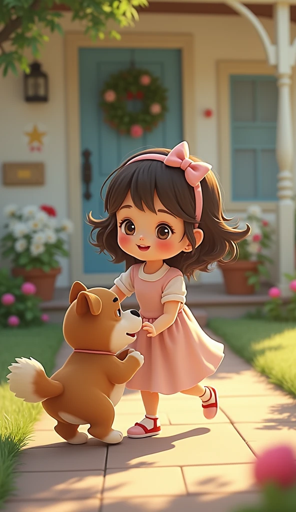 A child girl,  cabelo preto cacheado ste os ombros, Bow in the hair, olhos escuros, Holding a popsicle and a cell phone, sorridente,  with pet snimals.  In a Scenario Written the Amazing World of the Flower