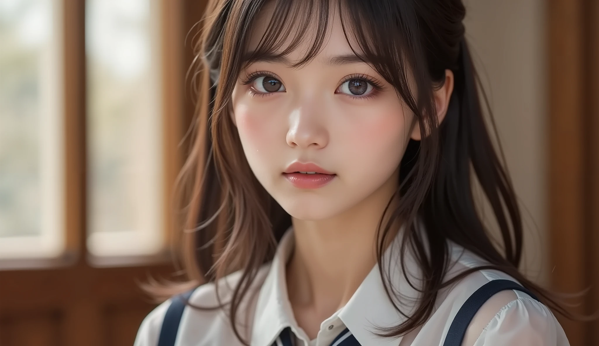 8k,Ultra High Resolution , highest quality, masterpiece,rule of thirds,golden ratio,surreal, photos, one woman,( girls:1.3),cute,cute顔, Beautiful Eyes in Every Detail , 細かくdetails,mature woman,princess,close up,smile, black hair,Beach waves,ID photo, luxurious and beautiful ,(A Famous Japanese Idol Girl), (( wearing a Japanese high school uniform with a white shirt, blazer, and skirt)),(((She Has an Ecstatic Expression))),(((She Has an Ecstatic Expression))), very delicate expression , delicate eye description,, Healthy Body , (( 1 female)), Height: 160cm ,( thin waist:1.4)、( Beautiful :1.4), pink lips,profile in landscape orientation from,((( ideal figure))),Small bust, A cup :2,、 portraits:2、 perfect anatomy 、鮮明な details、 details, thin lips,Perfect and beautiful face ,完璧でcute顔, meticulous skin , perfect limb、 thin waist, surreal,Light and Dark, Fashion Magazine Cover ,glowing