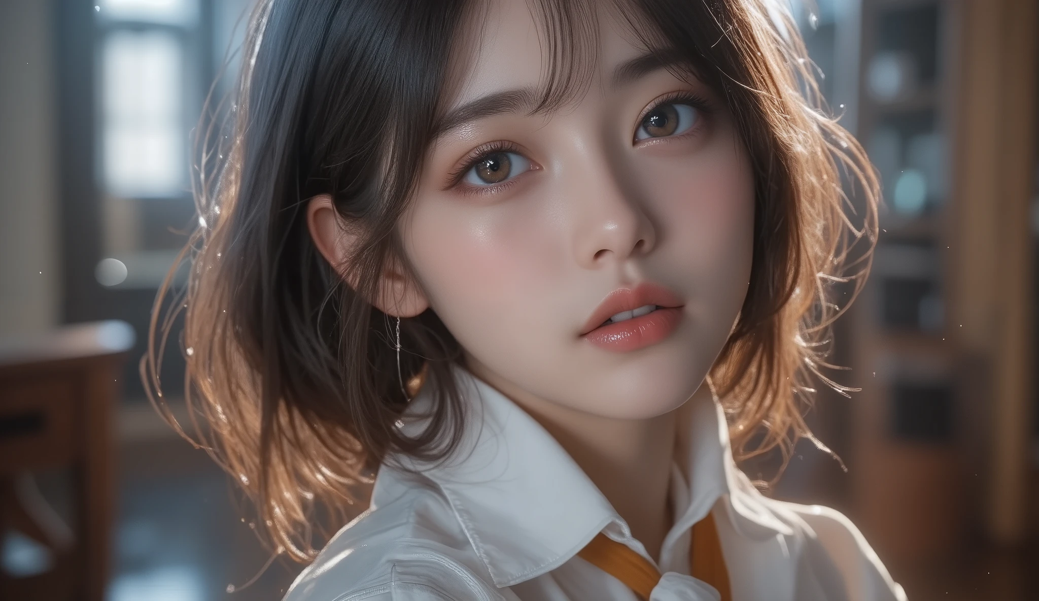 8k,Ultra High Resolution , highest quality, masterpiece,rule of thirds,golden ratio,surreal, photos, one woman,( girls:1.3),cute,cute顔, Beautiful Eyes in Every Detail , 細かくdetails,mature woman,princess,close up,smile, black hair,Beach waves,ID photo, luxurious and beautiful ,(A Famous Japanese Idol Girl), (( wearing a Japanese high school uniform with a white shirt, blazer, and skirt)),(((She Has an Ecstatic Expression))),(((She Has an Ecstatic Expression))), very delicate expression , delicate eye description,, Healthy Body , (( 1 female)), Height: 160cm ,( thin waist:1.4)、( Beautiful :1.4), pink lips,profile in landscape orientation from,((( ideal figure))),Small bust, A cup :2,、 portraits:2、 perfect anatomy 、鮮明な details、 details, thin lips,Perfect and beautiful face ,完璧でcute顔, meticulous skin , perfect limb、 thin waist, surreal,Light and Dark, Fashion Magazine Cover ,glowing