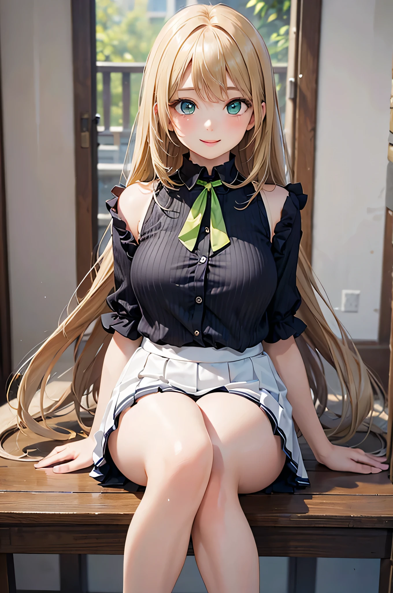 mini skirt、Blonde、Cheeky face、long hair、Large Breasts、Skirt to pants、Black underwear、beautiful girl、、Student uniform、Cleavage、tooth、Red cheeks、Sit on a bench、Looking up from below