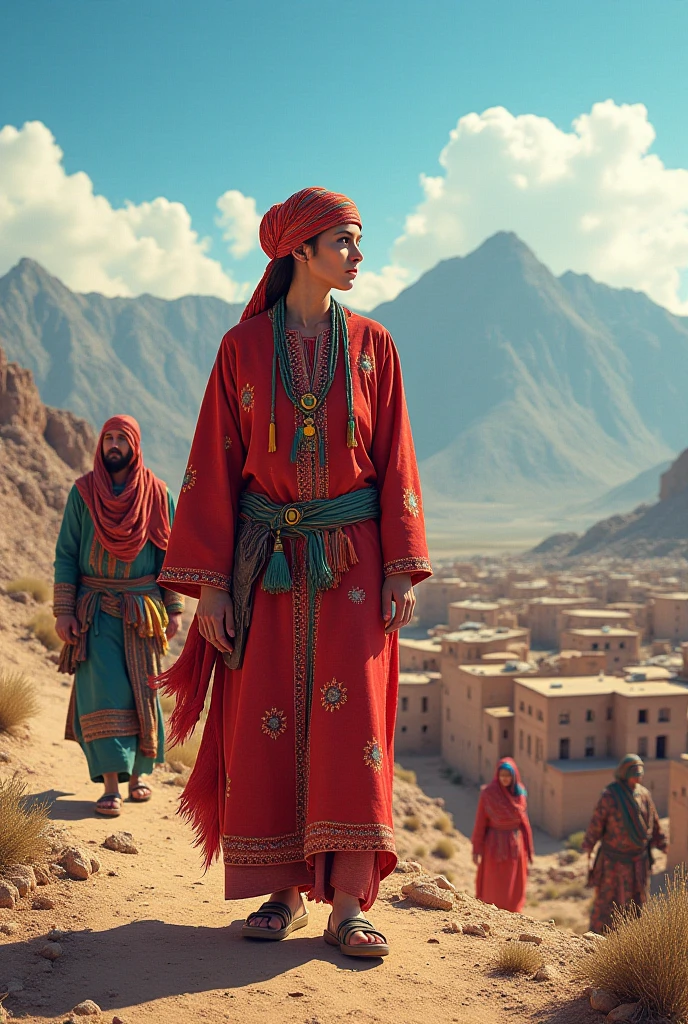 (Ancient Silk Road Caravan Leader, 1st Century BCE to 1st Century CE:1.4), A woman in her mid-40s, her physique weathered yet sturdy from years of travel. Her hair, a sun-lightened brown, is kept under a scarf for protection against the desert sun. Her clothing is a mix of practical and ornate, including a long tunic belted at the waist, over which she wears a cloak, and sturdy boots, her attire reflecting the blend of cultures along the Silk Road. ([style of Bill Sienkiewicz|style of Sam Spratt|style of Conrad Roset|style of Gerald Parel|style of Ilya Kuvshinov]:1.4),([style of Jovana Rikalo|style of Brandon Woelfel|style of Lara Jade]:1.5), (masterpiece, telephoto, cinematic establishing shot, busty cleavage, highly detailed background:1.3),