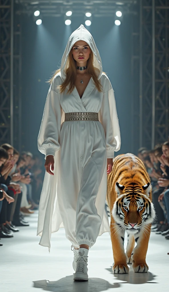 full body shot, film still of 33 year old gothic woman with lipliner, Slicked Back medium length blond hair, square face, blue eyes, deep black eyeliner, intricate diamond choker, 1980s Balenciaga white dress with diamond sparkles, blue belt, white marble hall in the background, Analog style, vhs style, 8mm film, high fashion style, chromatic aberration, 1980s style., the lady is walking a giant white tiger on a diamond leash