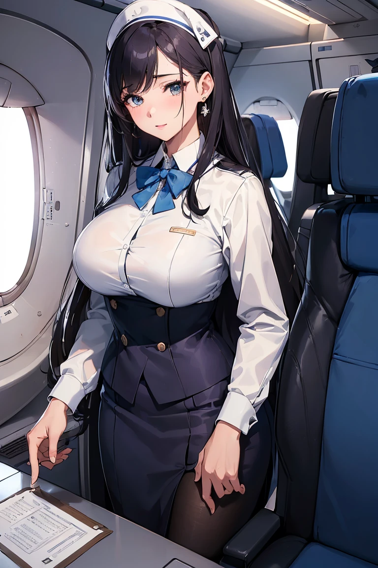 a sexy stewardess woman, white uniform, stewardess hat, ((1girl, alone)), french braid style hair, black hair, ((black eyes)), beautiful eyes, blush on make up, pleasure expression, long eyelashes, stockings, garter belt, big breasts, blushing, smiling, (high quality), (best quality), (full body camera shot), sexy lips, cleavage, big hips, sexy thighs, airplane interior background