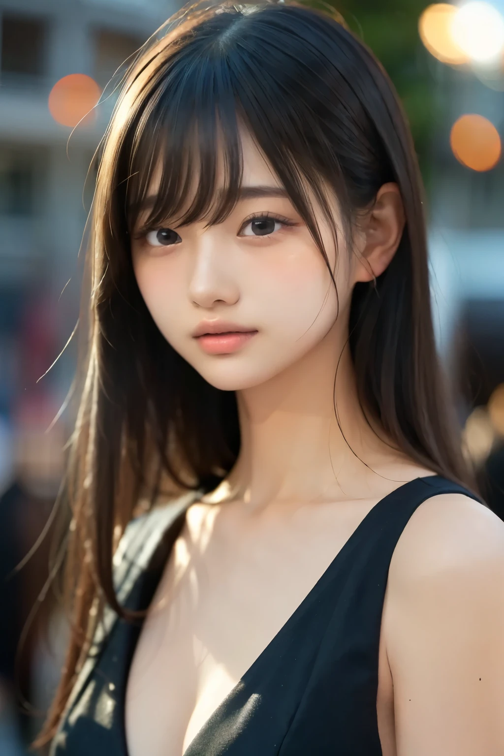 With the alleys of Kyoto in the background、18-year-old girl、independent、Look forward、Light eye makeup、Brown Hair Color、flat 、Hair blowing in the wind、Quality of actress、Shiny, Ultra-realistic face、smileの表情、Watery eyes、look up、Soothing lighting effects、 Ultra-Realistic Capture、Very detailed、High resolution 16K human skin close-up。Skin texture must be natural、Must be so detailed that pores are visible、skin is healthy、Must be of uniform tone、Use natural light and color、High quality photos taken by modeling agencies&#39;Exclusive photographer、smile、With bangs
