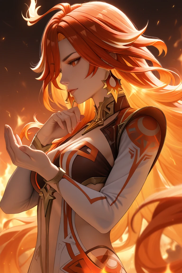 a girl with soft red hair and golden strands in her hairstyle, fair skin. different eyes, the left one is red with a naked core, the right one is blue with a yellow core. lots of sparkling freckles. curly loose hair. She is dressed in the style of Ancient Greece, with transparent fabrics on her arms. Golden horns are visible on the sides. The dragon's features are drawn. A sly, arrogant smile. hair the color of the rising sun (golden orange), curvaceous.