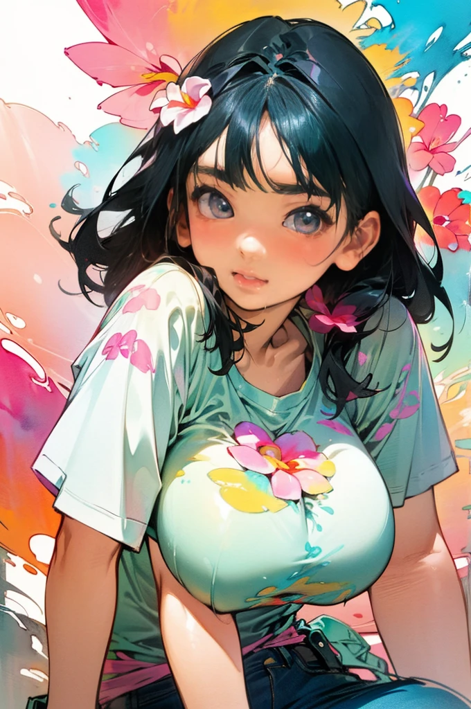 Pregnant trans woman, dark green hair, blue eyes, rainbow dress