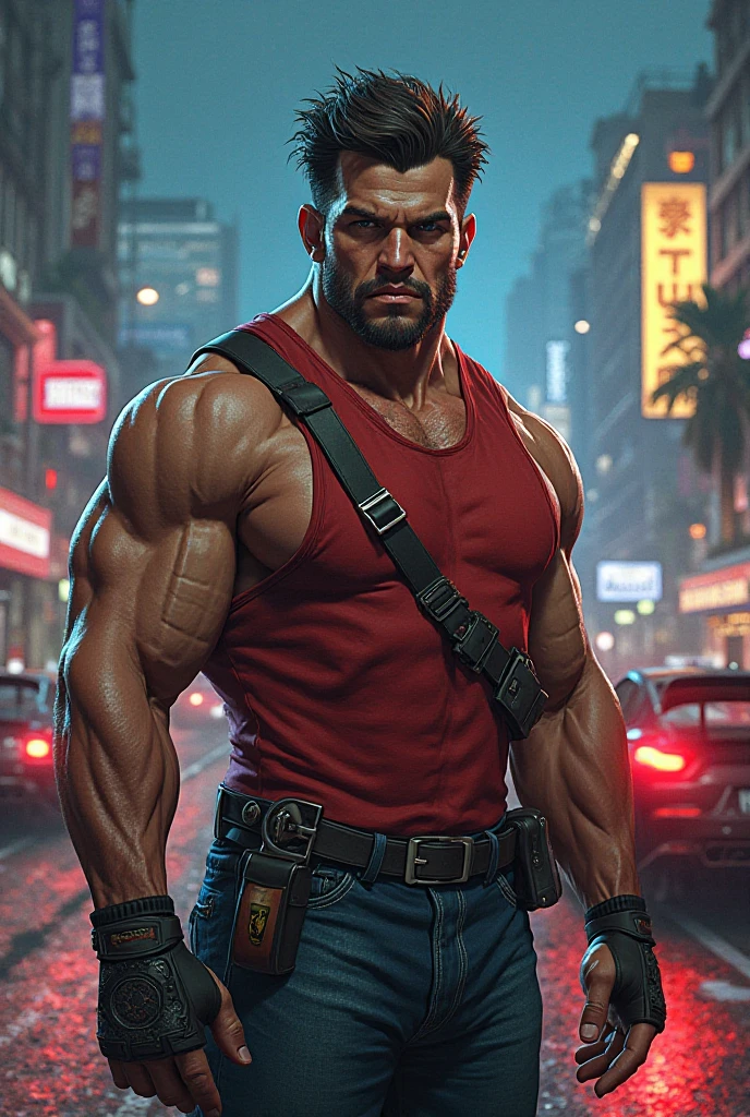 Ultra-realistic RAW portrait of a traditional Scottish man, very hairy, with a large brown beard and short hair in a military-style cut, reimagined in a cyberpunk setting. He is wearing futuristic Scottish Highland attire, including a kilt with neon accents and synthetic animal hide, and is playing a high-tech bagpipe with glowing components. The scene is set on a high, muddy mountain with neon-lit skyscrapers in the background under a cloudy and rainy sky. The man is muddy and looks weathered by the elements, with cybernetic enhancements visible on his body. The lighting should feature vibrant neon colors and dramatic contrasts to highlight the intricate details of his attire, the texture of his beard, and the futuristic environment. Photographed with a professional DSLR camera to capture fine details and depth.
