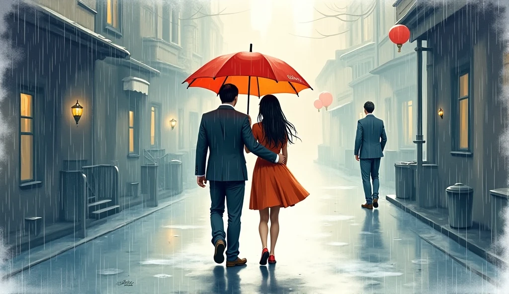 OIL AND WATERCOLOR PAINTING,<lora:Retro_Illustration:0.8>,
masterpiece,best quality,ultra-detailed,Impressionist,
A girl in red,walking in the rain,holding a transparent umbrella,a man in the distance,looking at each other,romantic atmosphere,reunion after a long absence,light water mist,