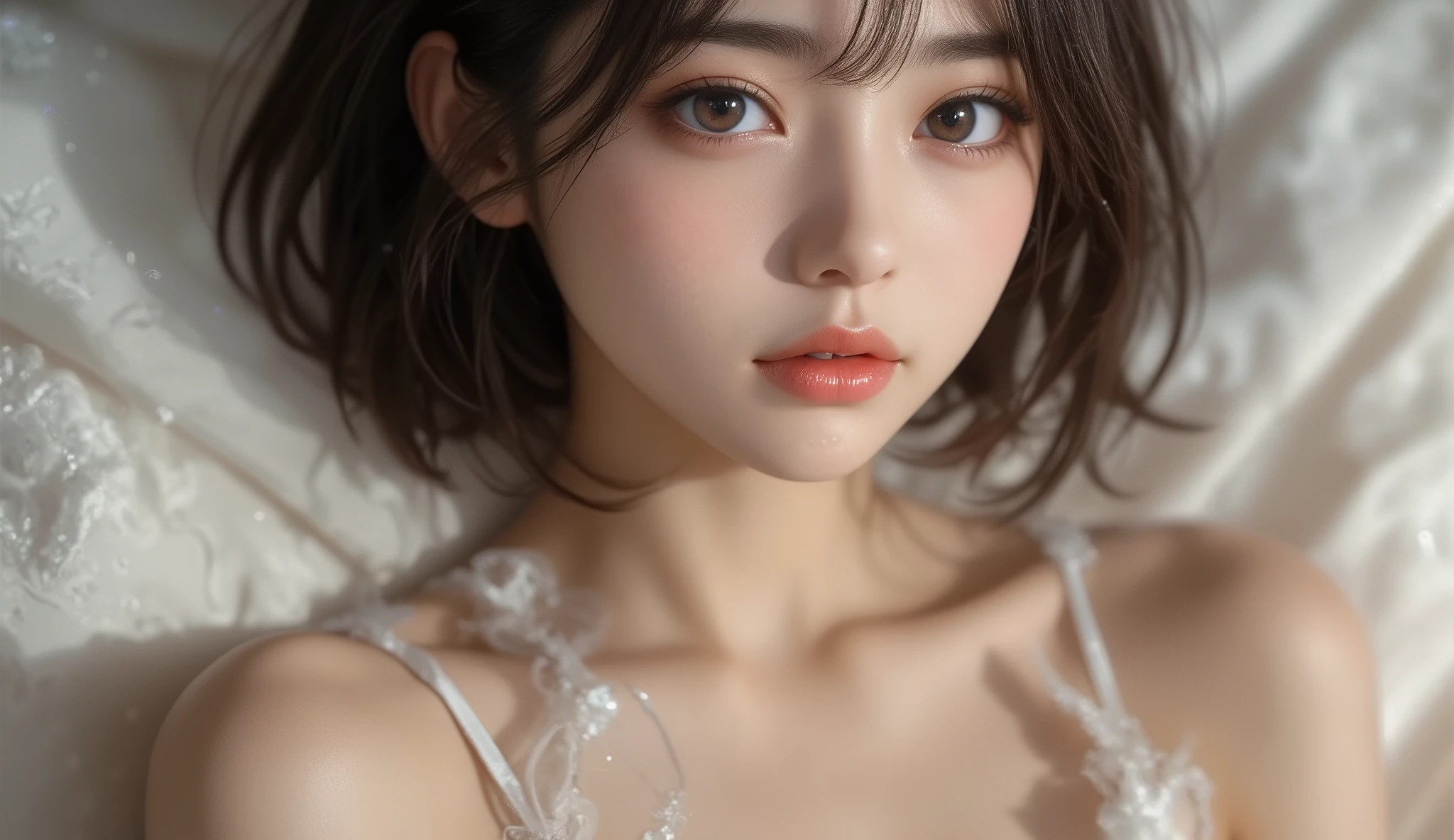 8k,Ultra High Resolution , highest quality, masterpiece,rule of thirds,golden ratio,surreal, photos, one woman,( girls:1.3),cute,cute顔, Beautiful Eyes in Every Detail , 細かくdetails,mature woman,princess,upper body,smile, black hair,Short Layered cut,ID photo, luxurious and beautiful ,(A Famous Japanese Idol Girl),(((She Has an Ecstatic Expression))),(The outfit is random:1.3),Beautiful cheekbones, very delicate expression , delicate eye description,, Healthy Body , (( 1 female)), Height: 160cm ,( thin waist:1.4)、( Beautiful :1.4), pink lips,profile in landscape orientation from,((( ideal figure))),Small bust, A cup :2,、 portraits:2、 perfect anatomy 、鮮明な details、 details, thin lips,Perfect and beautiful face ,完璧でcute顔, meticulous skin , perfect limb,thin waist, surreal,Light and Dark, Fashion Magazine Cover ,glowing