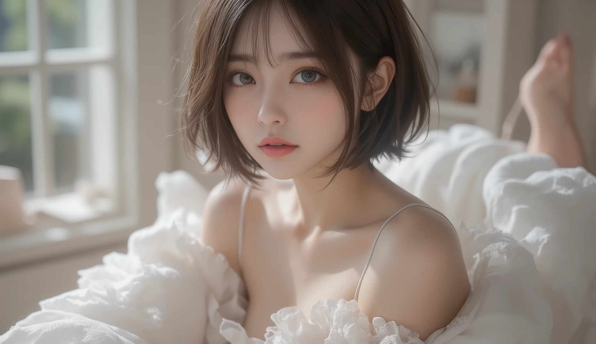 Ulzzang-6500-v1.1, (RAW Photos:1.2), (Realistic), Beautiful detailed girl, Very detailed eyes and face, Beautiful fine details, Large file size, High resolution, Very detailed, highest quality, [masterpiece:1.6], figure, Very detailed, CG, The finer details, highest quality, 8k wallpaper, Cinema Lighting, 1 girl, , Perfect figure, Big with tension, Cute droopy eyes, Beautiful big eyes,  [sexual excitement: 1.6], Light in your eyes, short hair, high school girl, Dynamic pose,The chest is visible