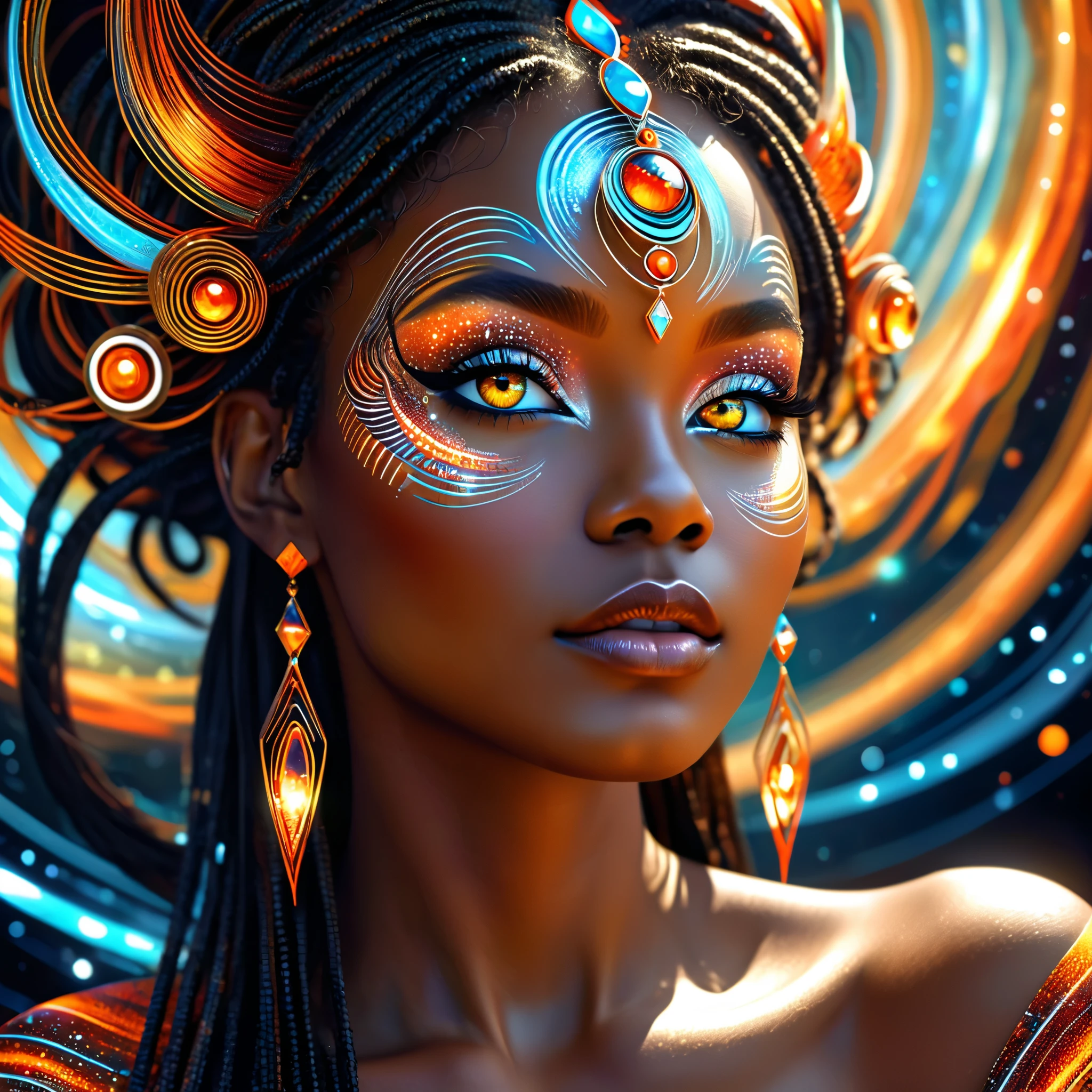 Fractals infused hybrid eith a beautiful black woman fractals sre her eyes down to the patterning in her skin ethereal otherworldly neinf of light translucent eith fractal patterns beaning out of her body red streaks orange streaks hyperdetailed intricate masterpiece hyperoutlined intricate masterpiece vignetting vignetting cosmic cosmic Looking at viewer, Animal Ears, High Details, Super Detailed, Award Winning, High Resolution, Very Long Hair, Crystal Earrings, Spiral Eyes, Glowing Eyes, POV, Sparkle, Cinematic Lighting, Cubist Futurism,