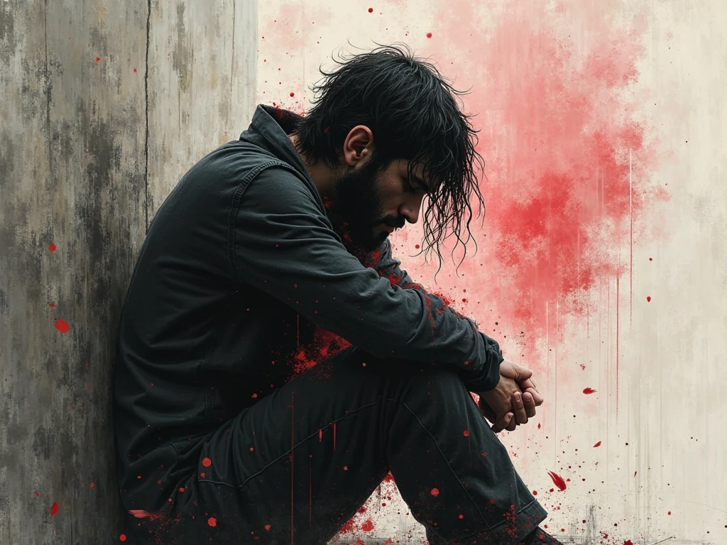 full body of a man kneeling on the ground crying while covering his face and his hands were full of wounds and blood and his clothes were old, dirty and has many holes. HE IS KNEELING ON THE GROUND AND HIS CLOTHES HAS MANY HOLES AND GUNSHOTS WITH A LOT OF BLOOD ON THEM