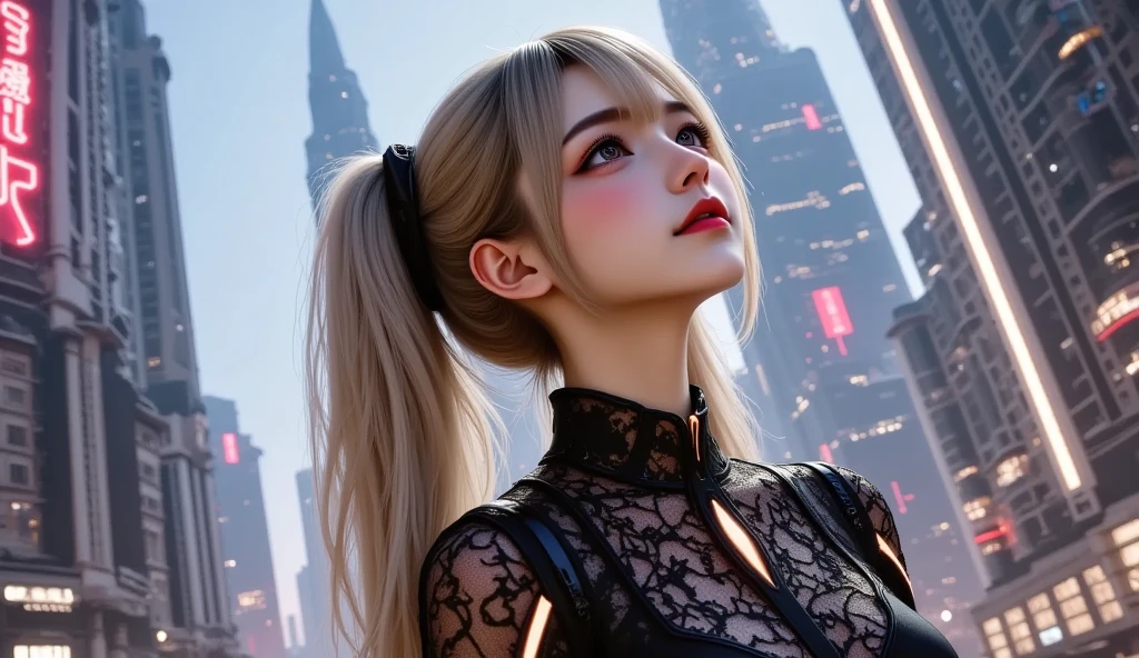 20-year-old woman, Silver Hair, (High Top Fade:1.3), Dark Theme, Calm tone, Calm colors, High Contrast, (Natural skin texture, Hyperrealism, Soft Light, sharp)Highest Quality ,Girl jumping up and holding a Japanese sword, camera angle from directly above, looking up at the camera for a bit, with the cityscape in the background looking down at the city from above,Extreme high angle, looking at the camera, girl, slim, small face, big eyes, double eyelids, long eyelashes, eyeshadow, black eyes, small nose, lip gloss, braid, silver hair, angry face, off-the-shoulder, windbreaker, shorts, boots, cityscape, stormy