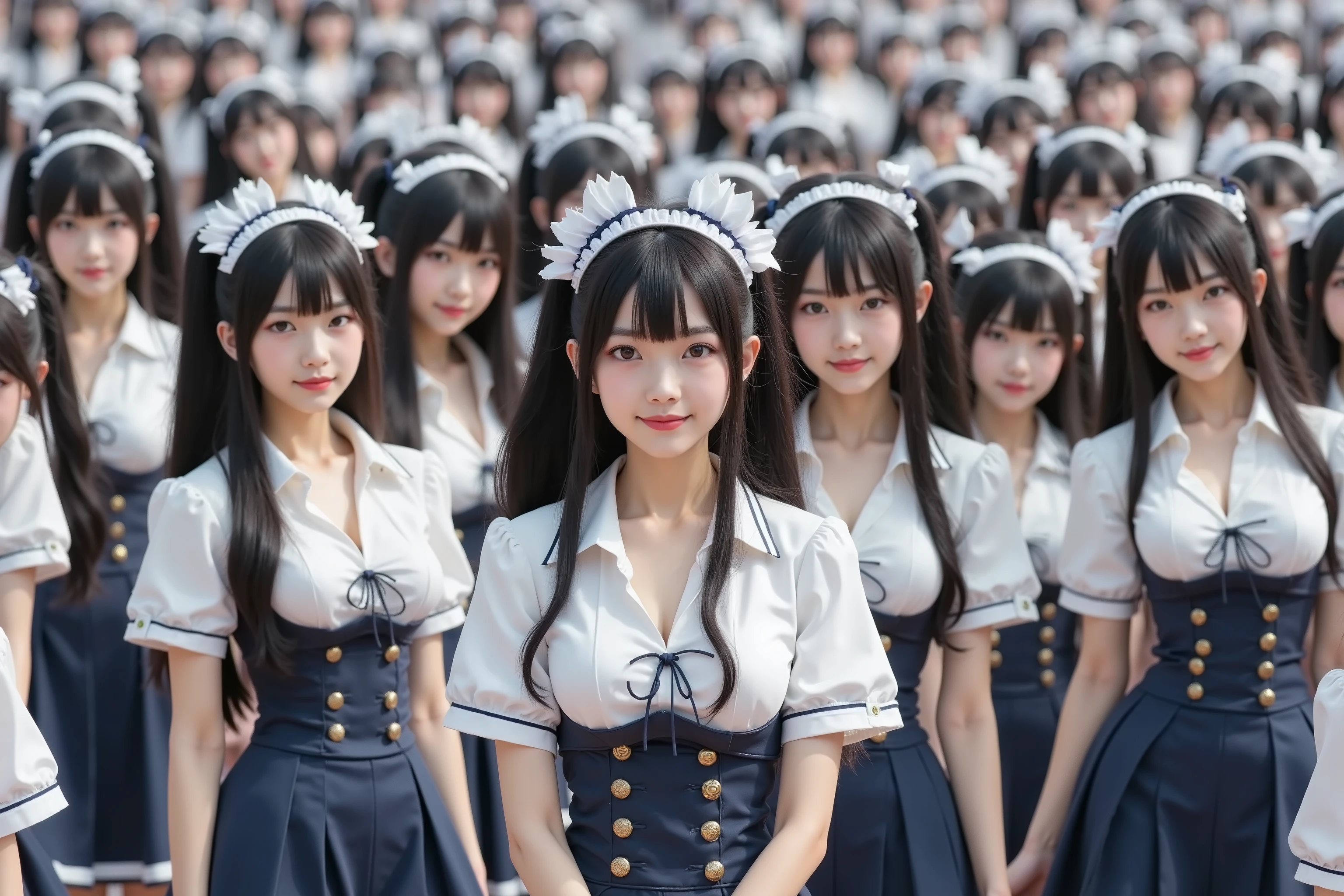 (Myself = Japanese Beautiful Clone girls Super Real photorealistic), (Super Best masterpiece Raw Photography Art), (16k, best image quality, Ultra High Resolution, RAW photos ), ( very unrealistic , immeasurably unprecedented shocking and overwhelming depiction ), ( filling the world with a large crowd of Clone Girls by Myself Only), (Myself Only), ( Myself clone girls mass proliferate with the same perfect appearance without a difference , Very detailed Myself The appearance of each woman who has proliferated in large numbers is completely indistinguishable), (Small face, Thick black hair, semi-long hair), (Western European maid clothes ), (mature face, Cute smiling expression , Smiles are the best!), ( very detailed, beautiful and accurate super busty girl , very amazing plump big boobs very big breast bulge, Amazing emphasis on cleavage ), ( Details that can be clearly seen from afar , Very detailed and accurate1Point perspective drawing, Ultra-wide field of view, Super wide view, No need for a center subject)