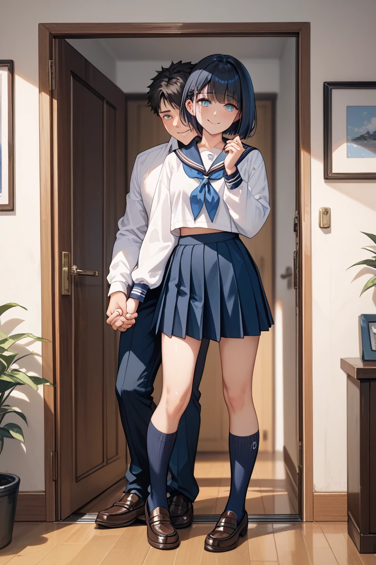NSFW, (((masutepiece, Best quality, photographrealistic))), (Shiny skin), (NFFSW, 8K wallpaper, high resolution), Perfect anatomy, Cinematic lighting, Physically-based rendering, Award-winning, highlydetailed skin, extra detailed face, Eyes with beautiful details, Carl Zeiss 85mm F/1.4, (1 man and 1 girl, A couple:1.5), Cute 16 year old Japanese schoolgirl, sit on chair, (Black hair, Short Bob Cut, Brown eyes, face round), Medium breasts, Wet school shirt with ribbon, Navy pleated skirt lift, Navy blue high socks, (nose blush, Naughty, Half open eyes, 、Deep sadness、Sorrow、Looking Up The Sky、Open mouth、screeming), Spread legs, thighs focus, In the classroom, blue hour, (One person is an old man, The old man hugged a girl from behind:1.5), Old man in suit, (The old man touched the girl's panties:1.5), [Full body shot], Shot from below,