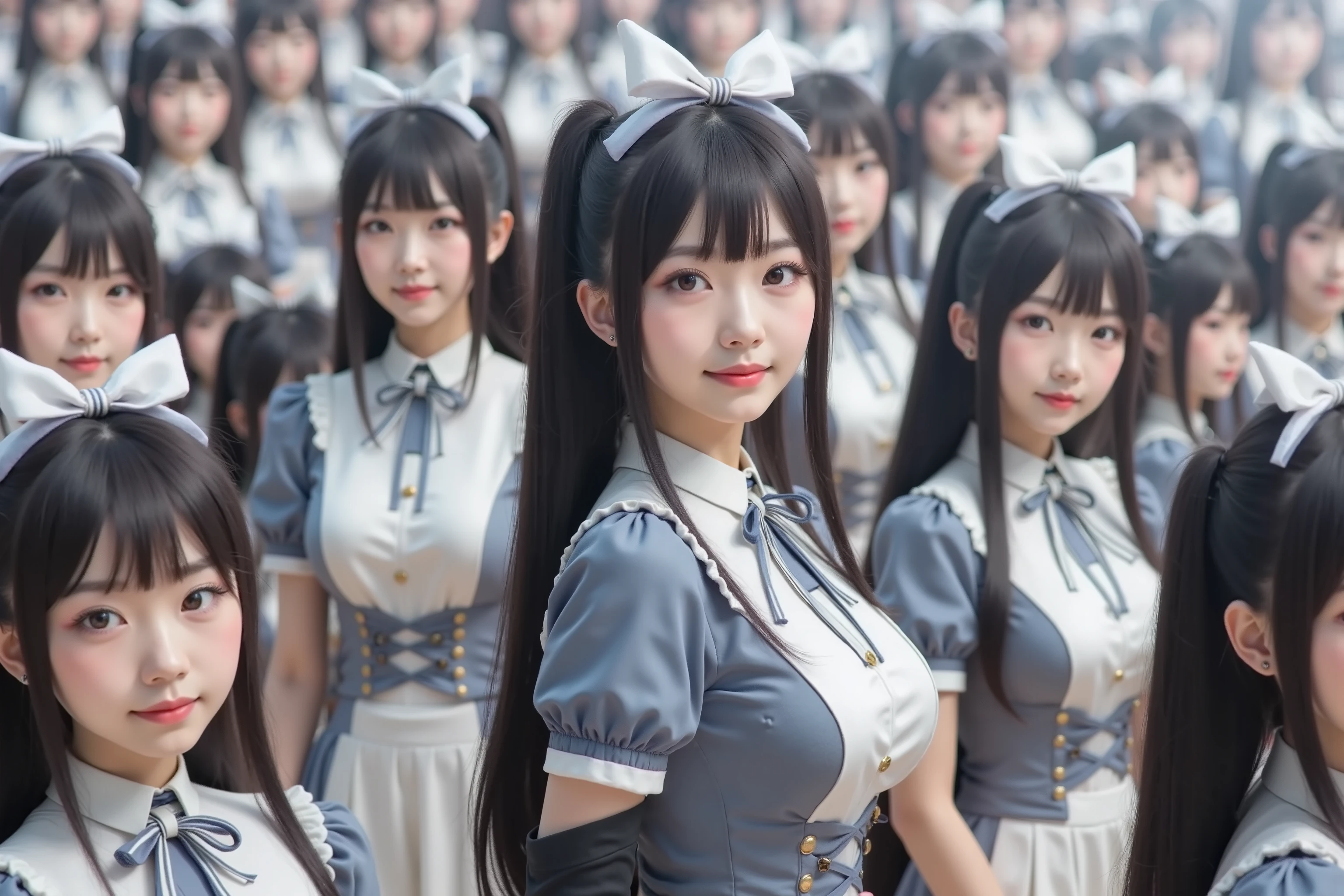 (Myself = Japanese Beautiful Clone girls Super Real photorealistic), (Super Best masterpiece Raw Photography Art), (16k, best image quality, Ultra High Resolution, RAW photos ), ( very unrealistic , immeasurably unprecedented shocking and overwhelming depiction ), ( filling the world with a large crowd of Clone Girls by Myself Only), (Myself Only), ( Myself clone girls mass proliferate with the same perfect appearance without a difference , Very detailed Myself The appearance of each woman who has proliferated in large numbers is completely indistinguishable), (Small face, Thick black hair, semi-long hair), (Western European maid clothes ), (mature face, Cute smiling expression , Smiles are the best!), ( very detailed, beautiful and accurate super busty girl , very amazing plump big boobs very big breast bulge, Amazing emphasis on cleavage ), ( Details that can be clearly seen from afar , Very detailed and accurate1Point perspective drawing, Ultra-wide field of view, Super wide view, No need for a center subject)