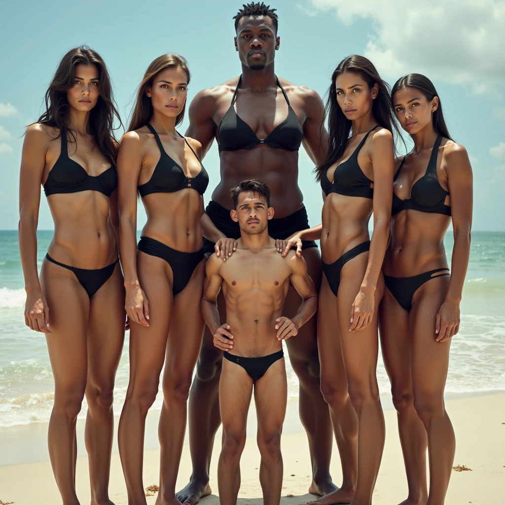 Five strong, muscular, hairy, bearded Puerto Rican men standing in their underwear with their hands raised behind their heads being searched by two police officers in a fenced-in lot with a white wall, Sandy ground, a big tree in the background. Two girls sitting on the wall watching.