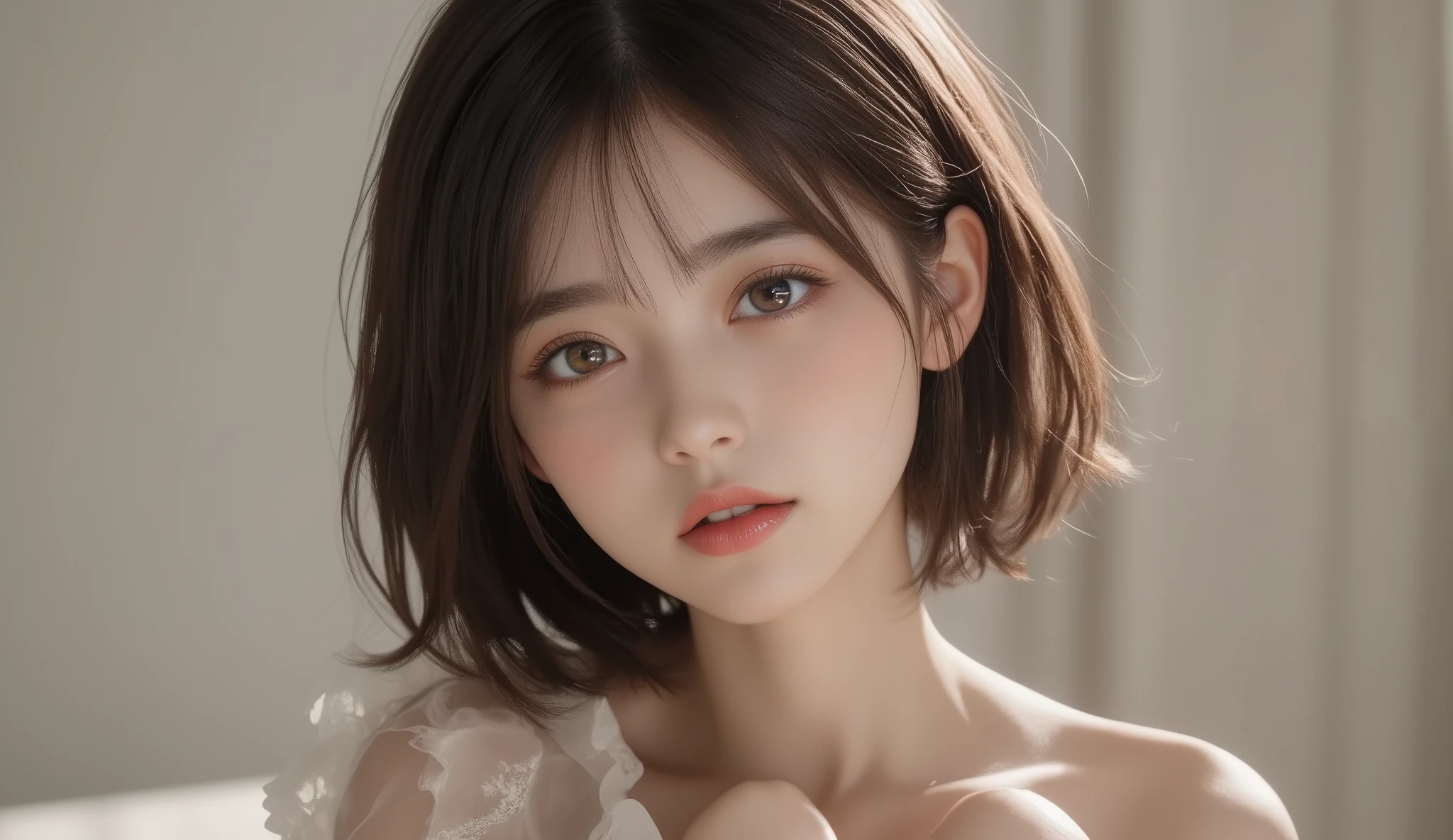 8k,Ultra High Resolution , highest quality, masterpiece,rule of thirds,golden ratio,surreal, photos, one woman,( girls:1.3),cute,cute顔, Beautiful Eyes in Every Detail , 細かくdetails,mature woman,princess,upper body,smile, black hair,Short Layered cut,ID photo, luxurious and beautiful ,(A Famous Japanese Idol Girl),(((She Has an Ecstatic Expression))),(The outfit is random:1.3),Beautiful cheekbones, very delicate expression , delicate eye description,, Healthy Body , (( 1 female)), Height: 160cm ,( thin waist:1.4)、( Beautiful :1.4), pink lips,profile in landscape orientation from,((( ideal figure))),Small bust, A cup :2,、 portraits:2、 perfect anatomy 、鮮明な details、 details, thin lips,Perfect and beautiful face ,完璧でcute顔, meticulous skin , perfect limb,thin waist, surreal,Light and Dark, Fashion Magazine Cover ,glowing