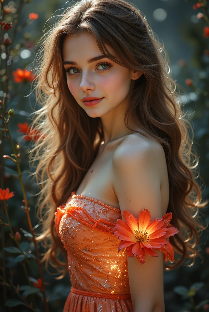 Digital image of a beautiful young woman wearing an autumn dress, ornate, vivid
realistic detail, sharp focus, shot with 85mm Leica lens, f4.6, ultra-realistic concept photography.