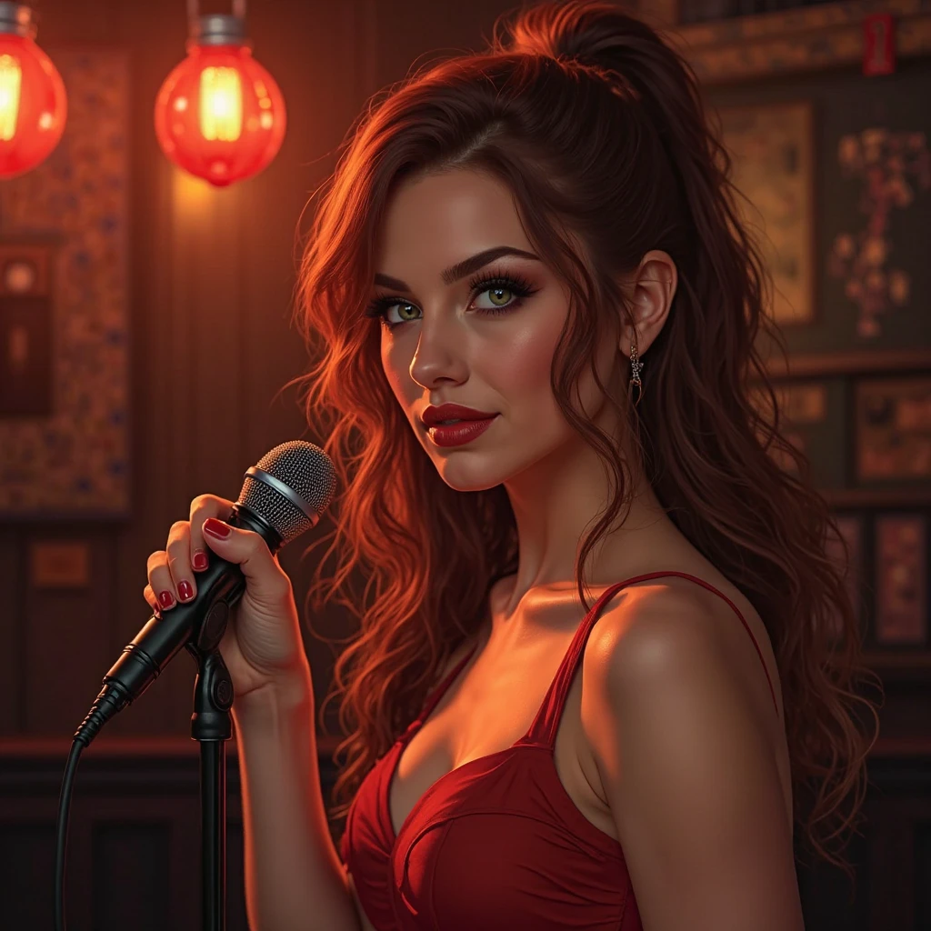 ((Singing in jazz club)).(sultry eyes, flirty smile:1.2).(ultra realistic illustration:1.3).Sexy 23yo French woman, dyed red hair, green eyes. fit, natural perky breasts, perfect round ass, (suntan). (bangs, long hair:0.8), red lipstick, mascara, nail polish, red dress, pumps. Masterpiece, best quality,(highly detailed:1.2),(detailed face and eyes:1.2), 8k wallpaper, depth of field, natural lighting. core shadows, high contrast, bokeh.(rule of thirds), cinematic, atmospheric, contrast, intricate,