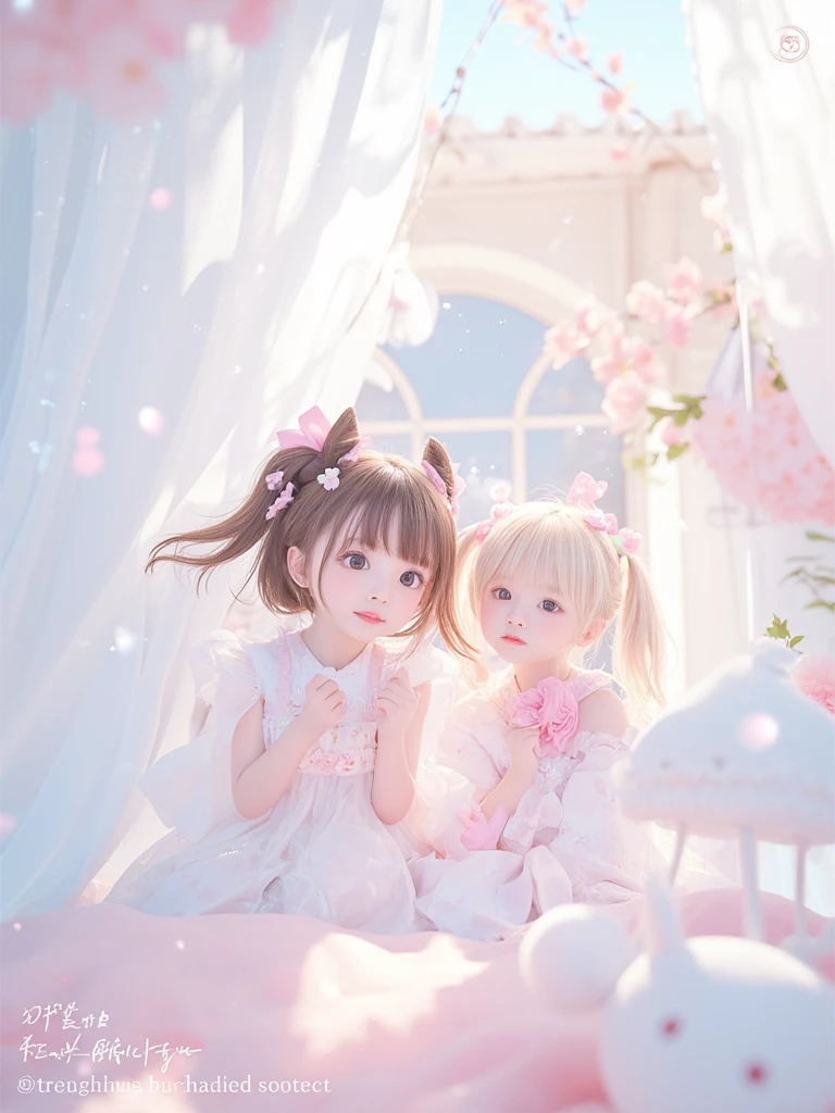 Magic garden miniature scene, delicate cherry blossoms、Softly glowing cherry tree、Illuminated by happy smiling miniatures. 8K Autorealist,Cherry tree in full bloom、girl cherry blossom fairy、、3 heads and bodies、back view
