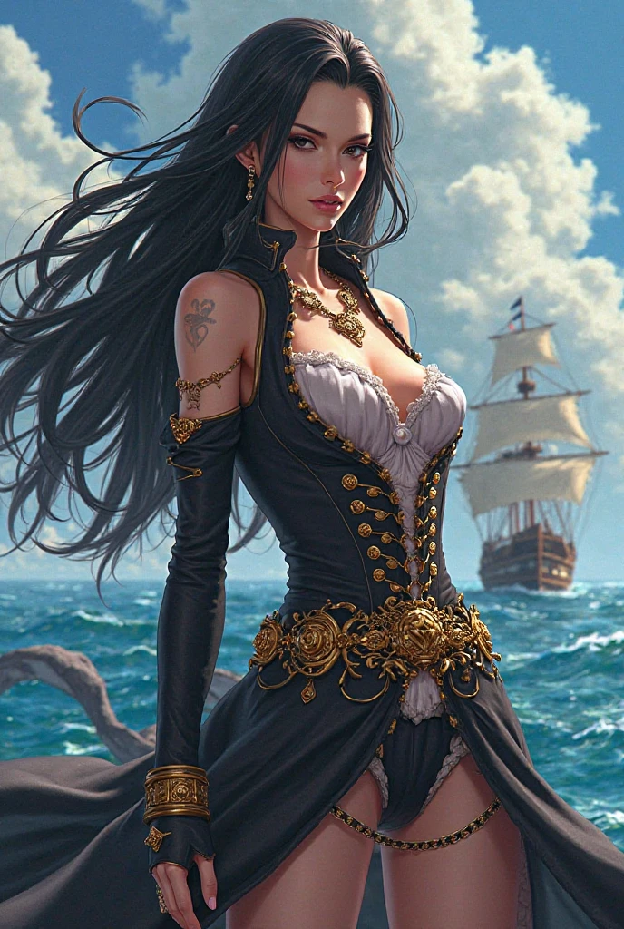 Beautiful ship pirate woman holding a hook black hair extremely sexy clothes, muscular body, large breasts A real woman well identical to a human --auto --s2